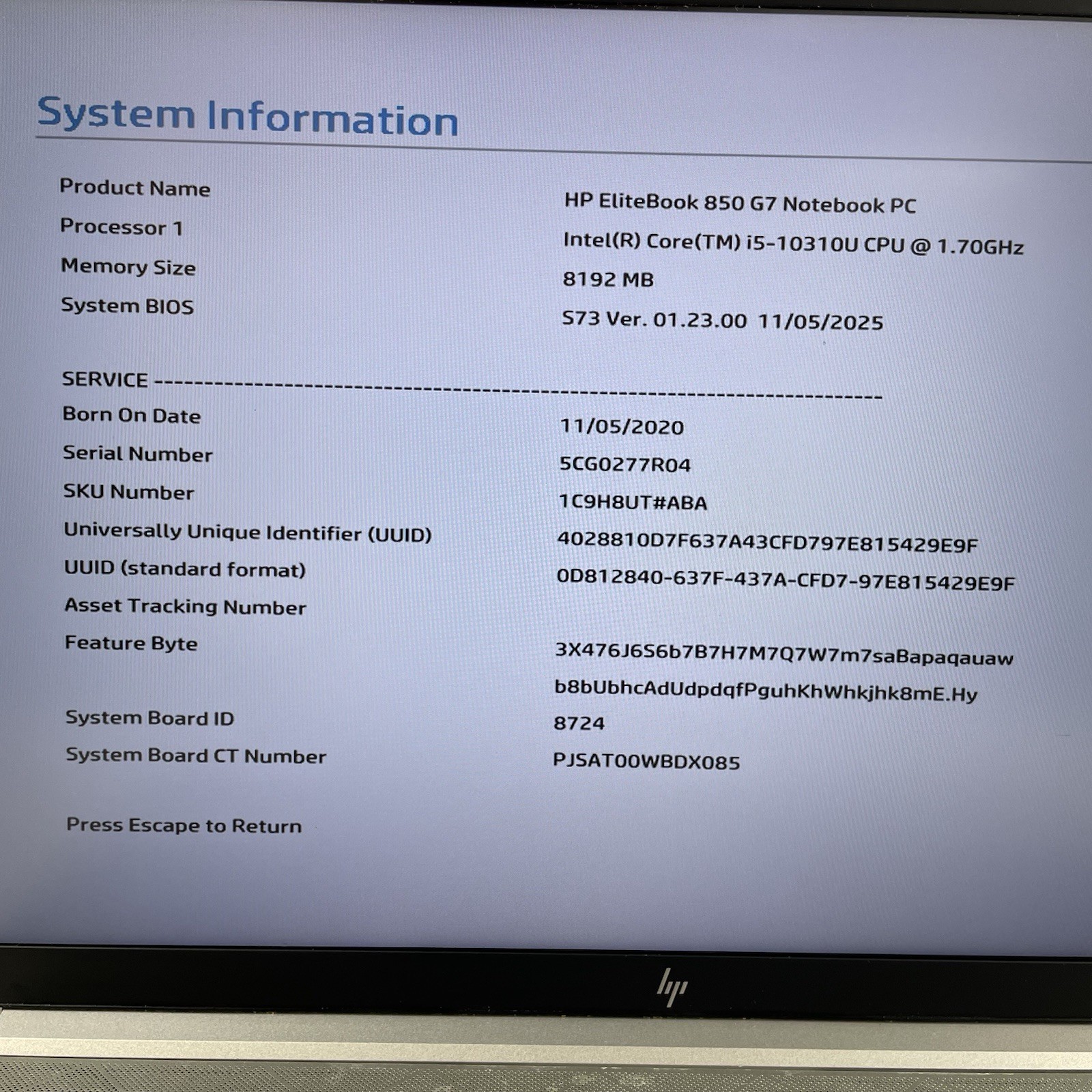 HP EliteBook 850 G7 15.6″ i5-10310U 1.70 GHz 8 GB RAM No SSD/OS/AC
