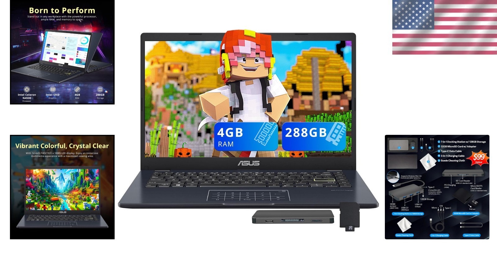 Versatile 14″ FHD Laptop with Intel Celeron, 4GB RAM, & Docking Station Set