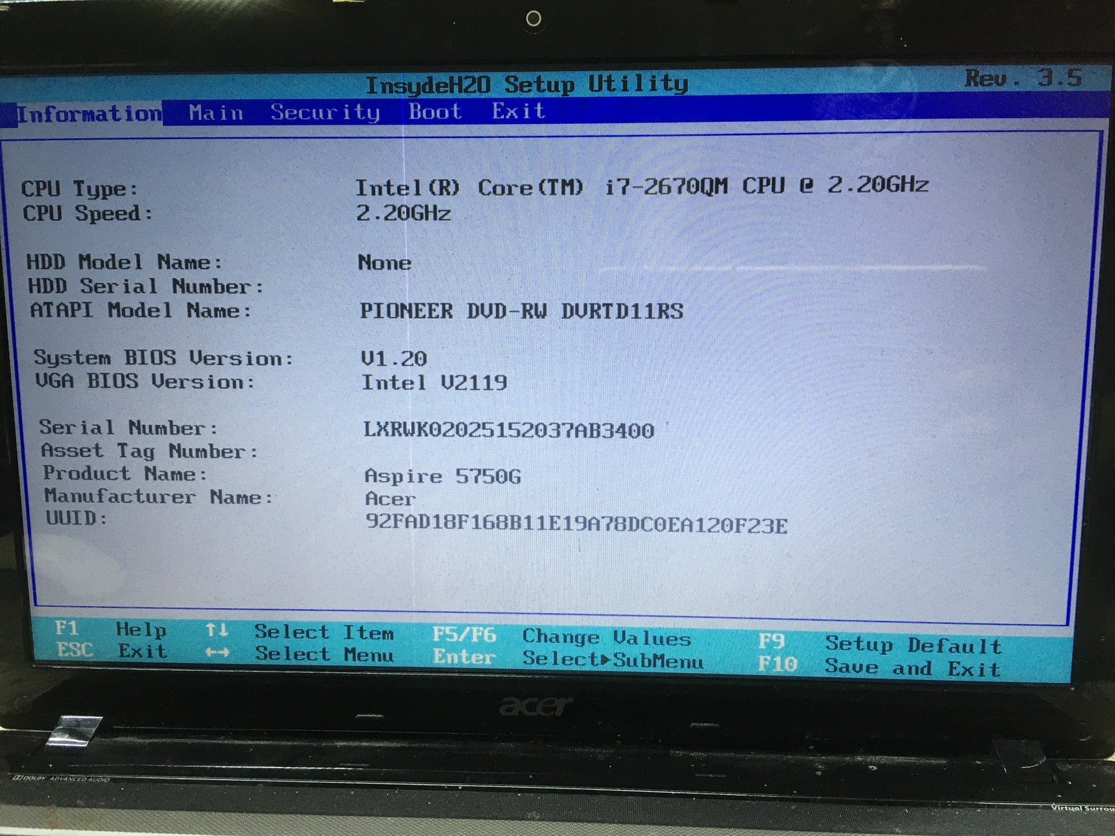 Acer Aspire 5750G Intel i7-2670QM 2.2GHz 8 GB NO HDD No Batt