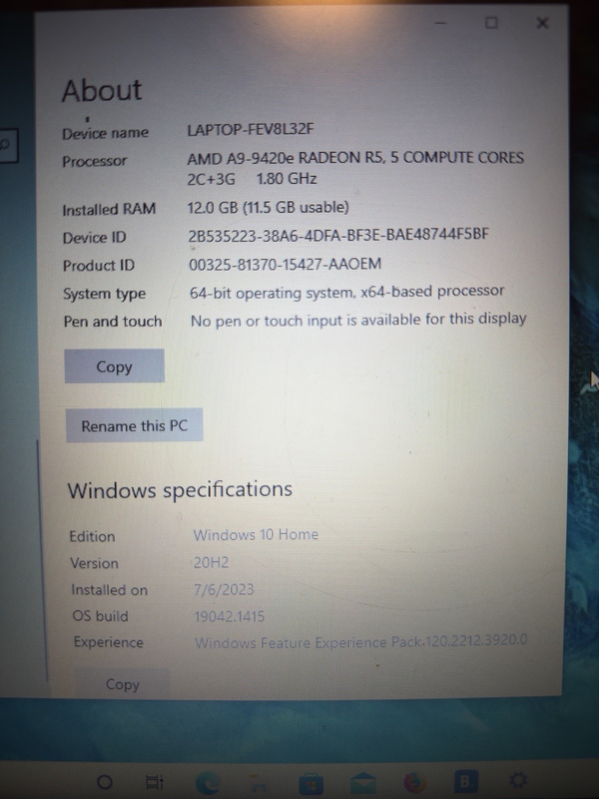 Acer Aspire 3 A315 Laptop-FEV8L32F A9-9420e Radeon R5 2C+33G 1.80GHz Ram 12, 1TB