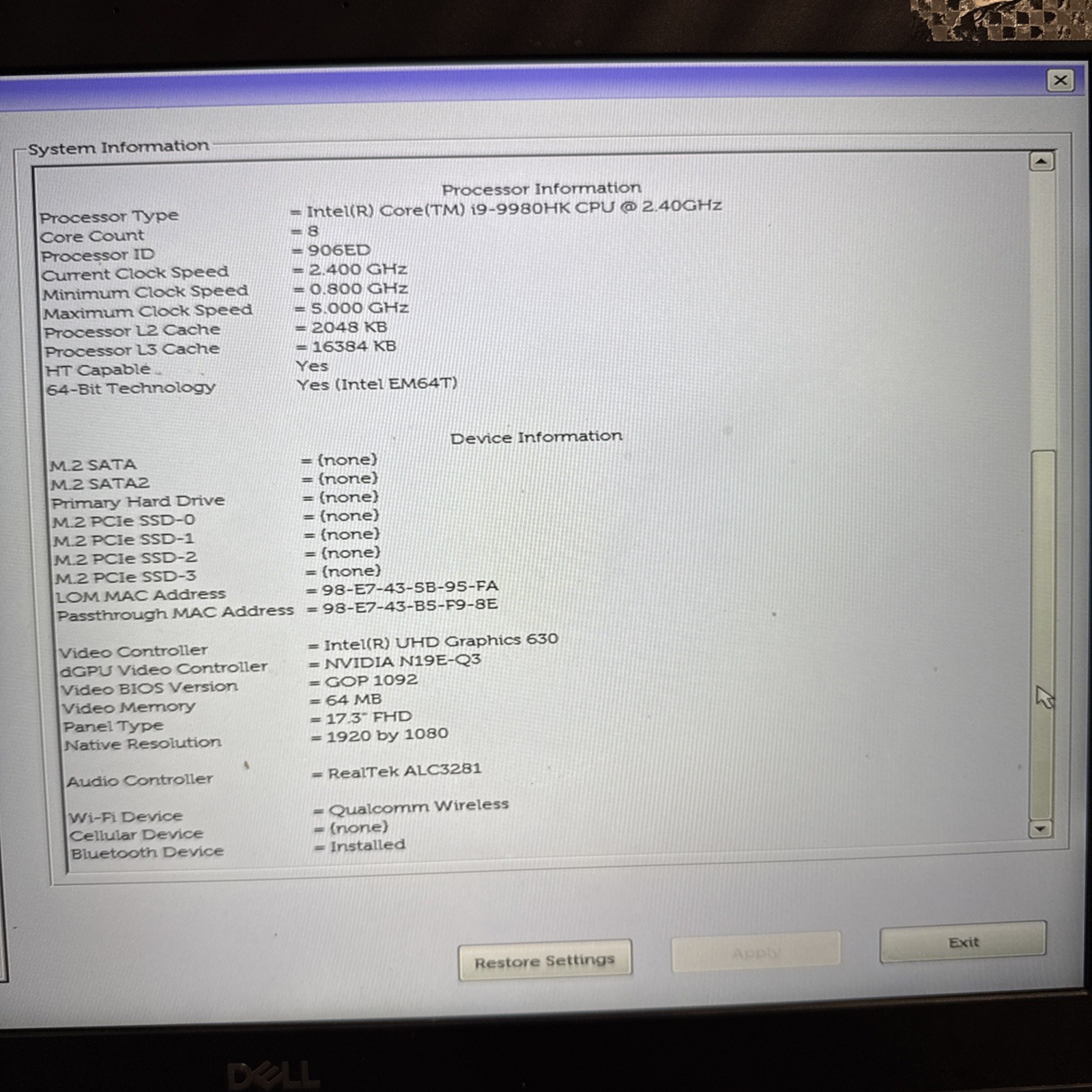 Dell Precision 7740 17.3″ 2.40GHz i9-9980HK 8GB NO SSD Workstation Laptop