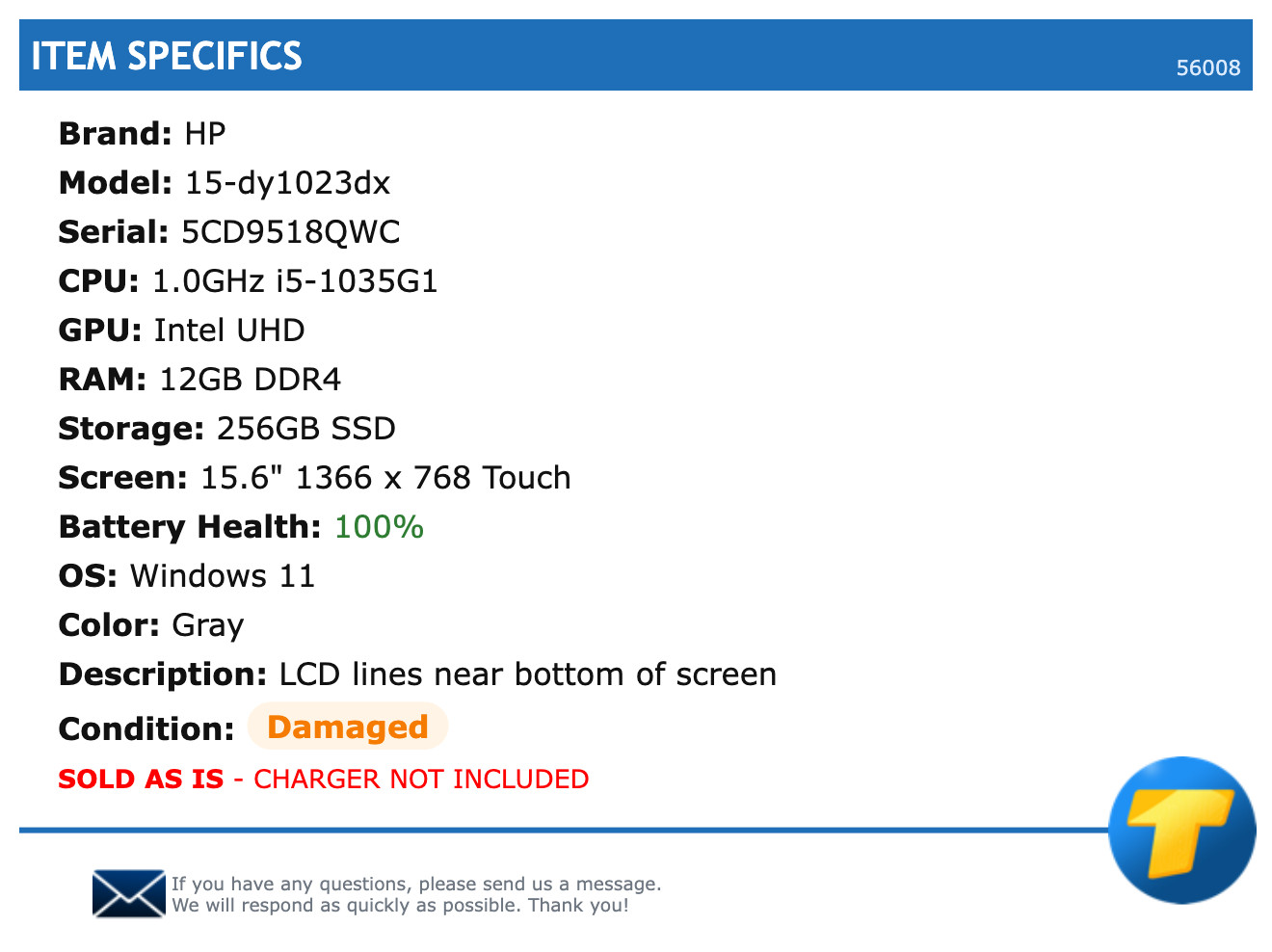 HP 15-dy1023dx – 15.6″ HD Touch, 1.0GHz i5, 12GB RAM, 256GB SSD, Windows 11