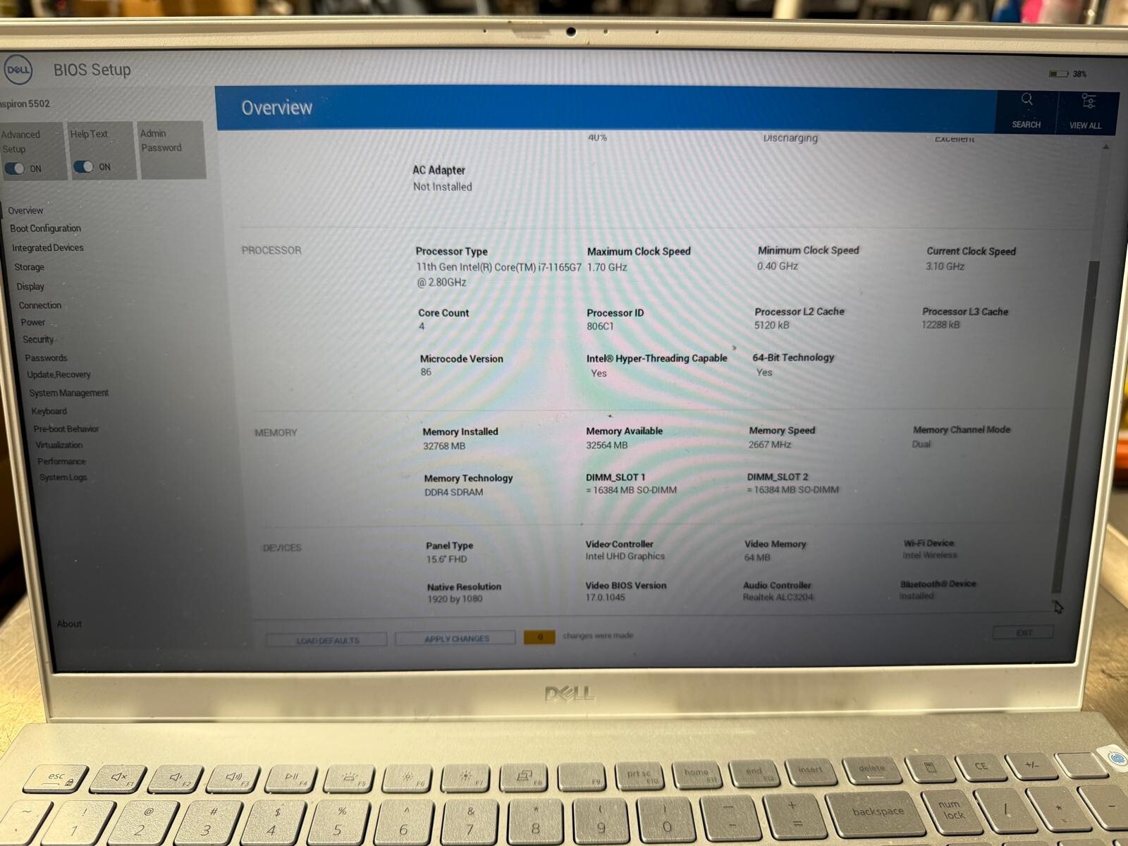 Dell Inspiron 5502 CPU i7-1165G7, 2.80GHz, 32GB RAM, 1TB SSD NVMe