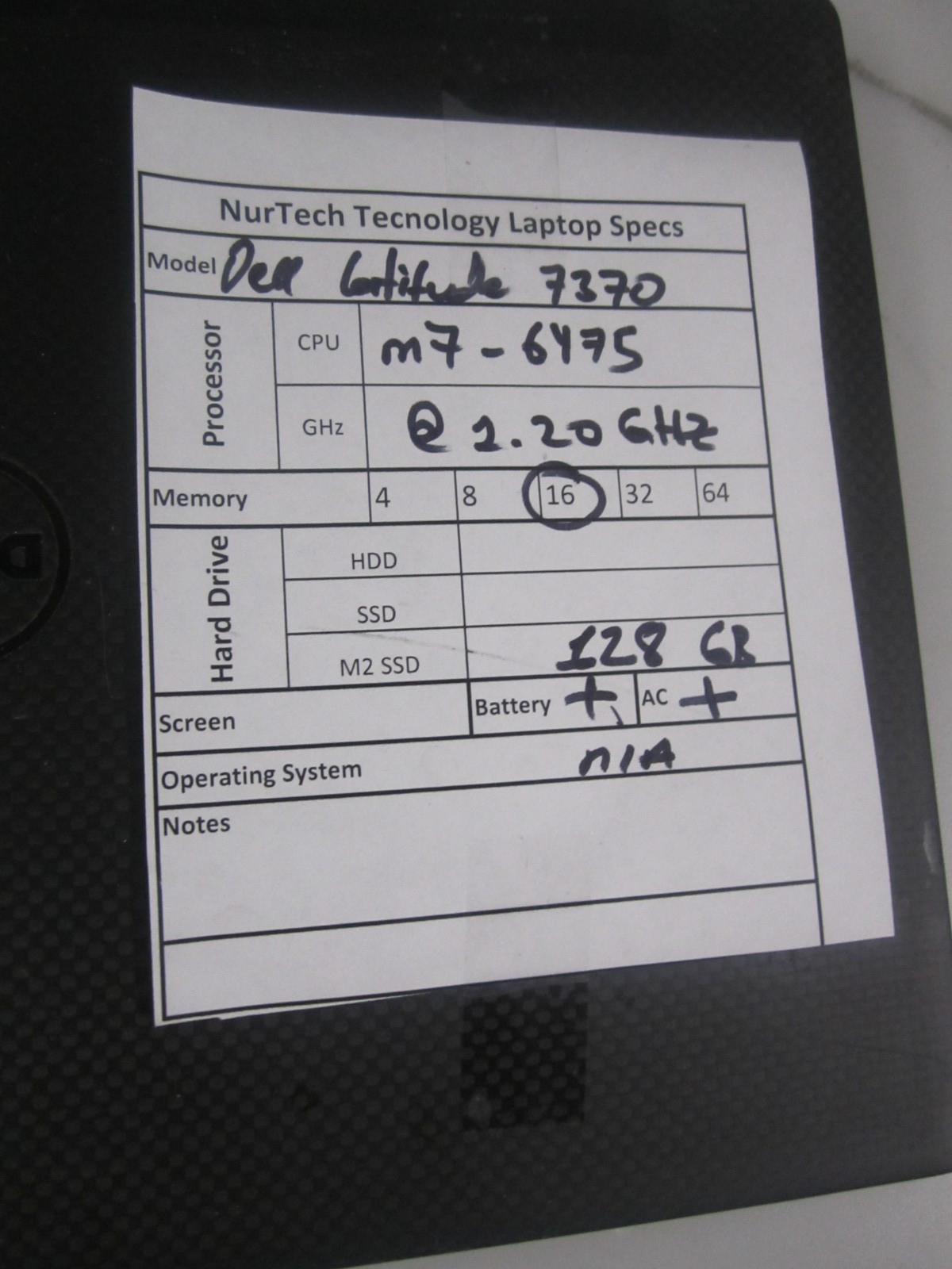 Dell Latitude 7370 Laptop m7-6y75 1.20GHz 16GB 128GB M2SSD NOOS LAPTOP + AC