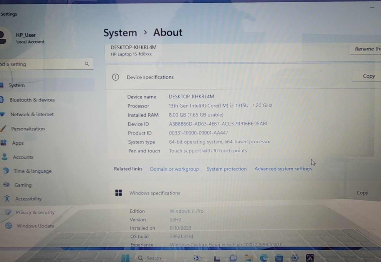 HP 15-Fd0xxx 15.6in Touchscreen, i3 13th Gen, 8GB Ram, 256GB SSD, Win 11 Pro