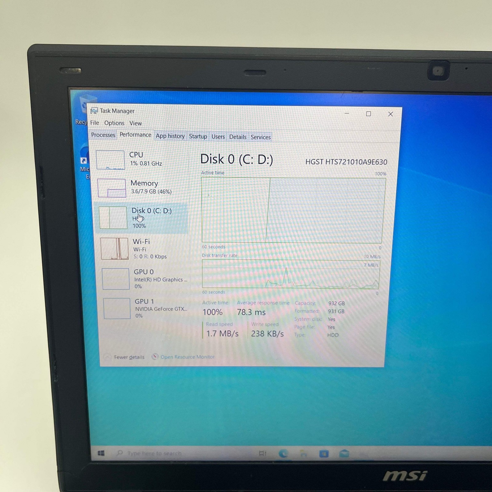 MSI MS-16GH 15″ Core i7 2.6GHz 8GB 1TB GTX 950M Laptop Used B