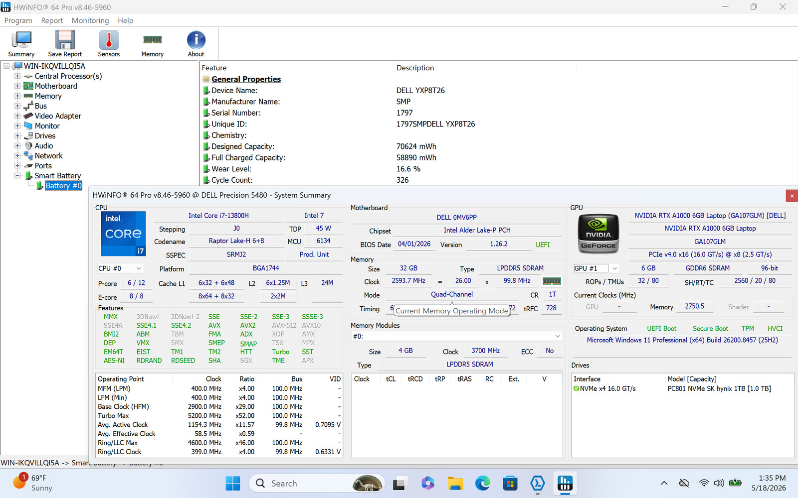 Dell Precision 5480 14″ Touch 2560 x 1600 I7-13800H 1TB SSD 32GB W11P RTX A1000