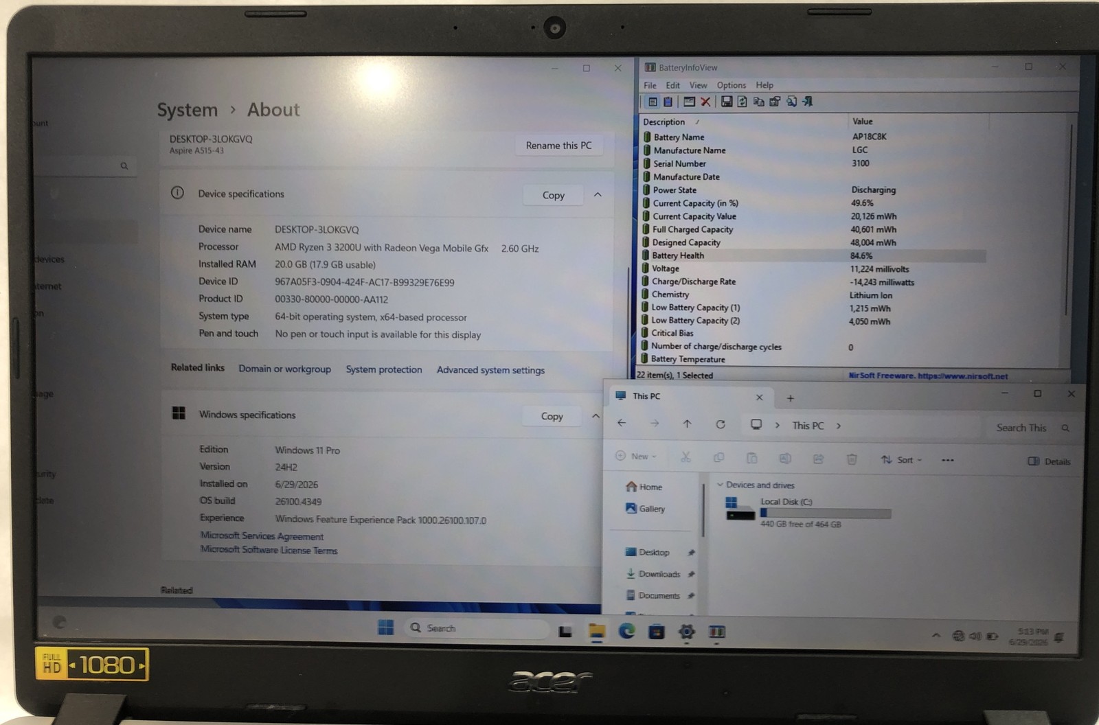 Acer Aspire 5 A515-43, AMD Ryzen 3 3200U @2.60Ghz, 500GB HDD, 20GB RAM, W11