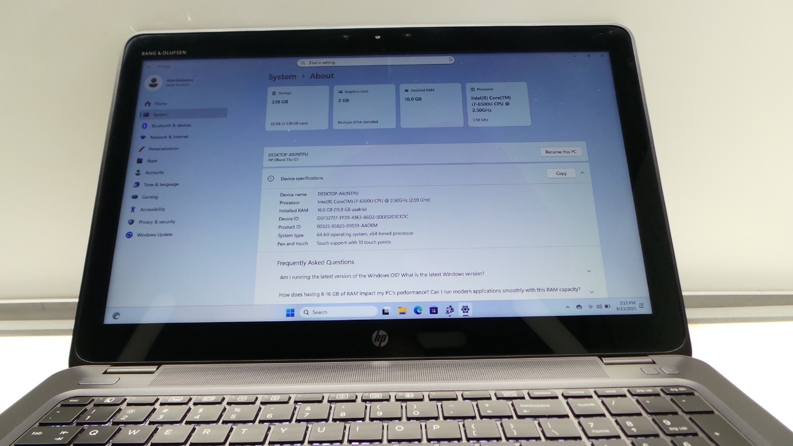 HP Z Book 15u G3| 15.6″ | i7-6500U |2.50GHz |16GB DDR RAM|256 GB SSD| Win 11 Hom