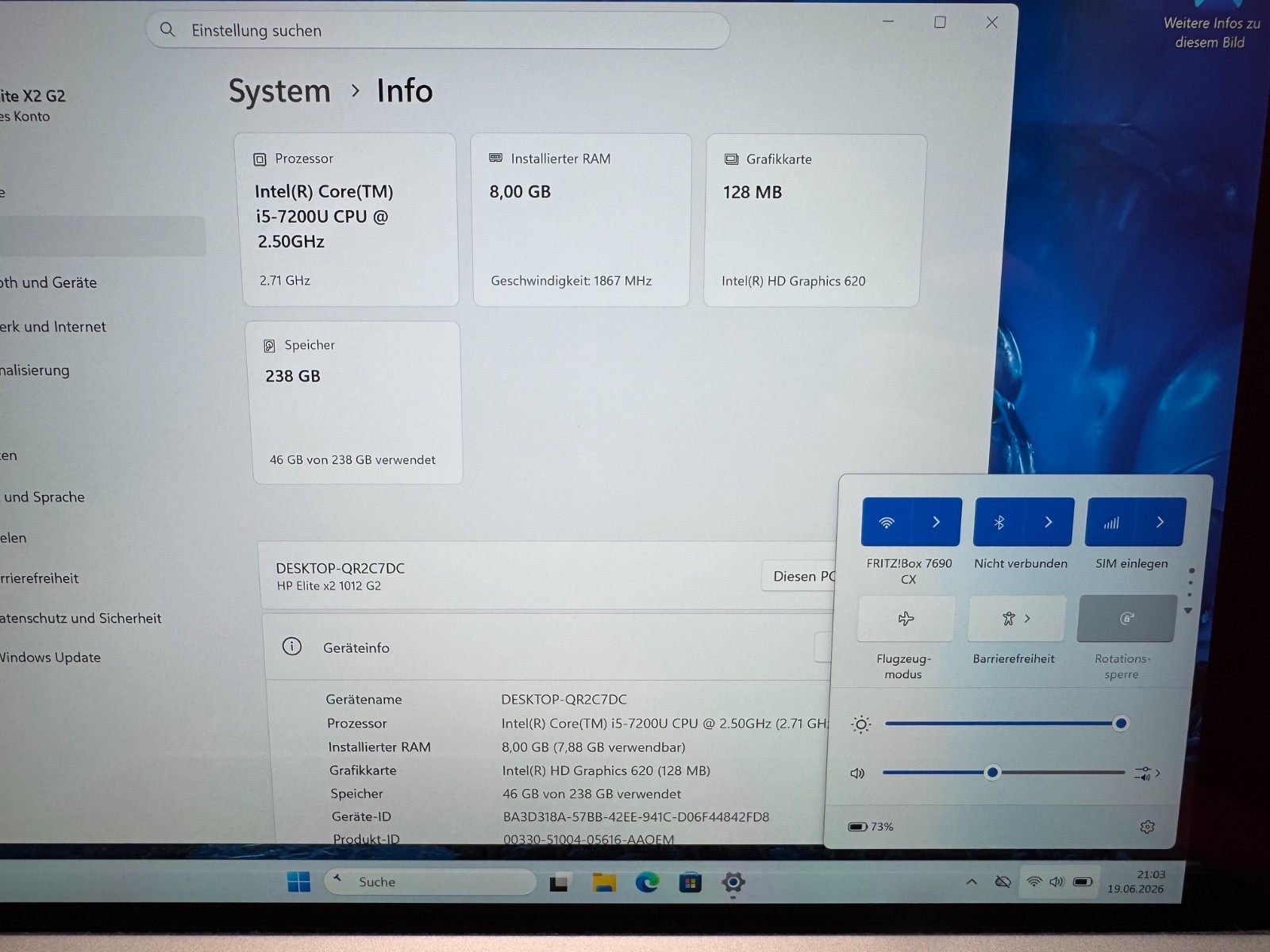 HP Elite X2 1012 G2 2-in-1 I5 7200U 2.5Ghz 8GB 256GB SSD QWERTZ Win11 LTE SC FID