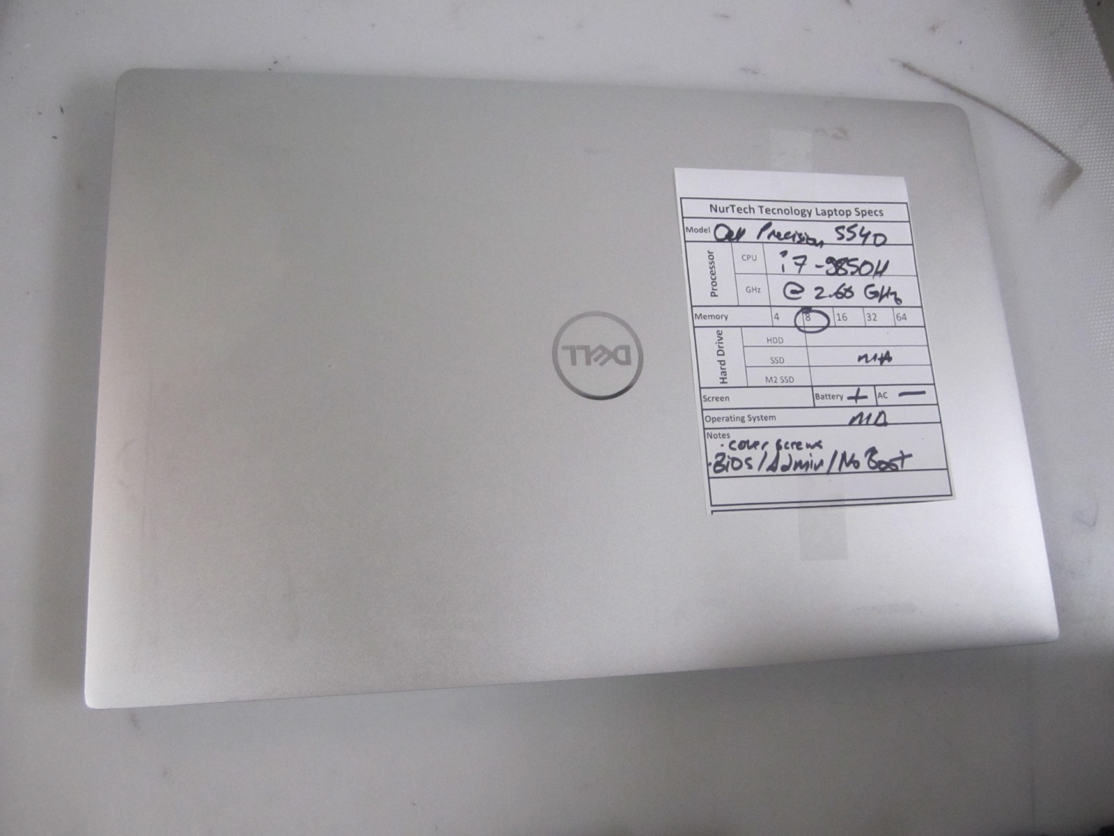 Dell Precision 5540 i7-9850H 8GB 2.60GHZ NO OS/HDD/AC LAPTOP BIOS