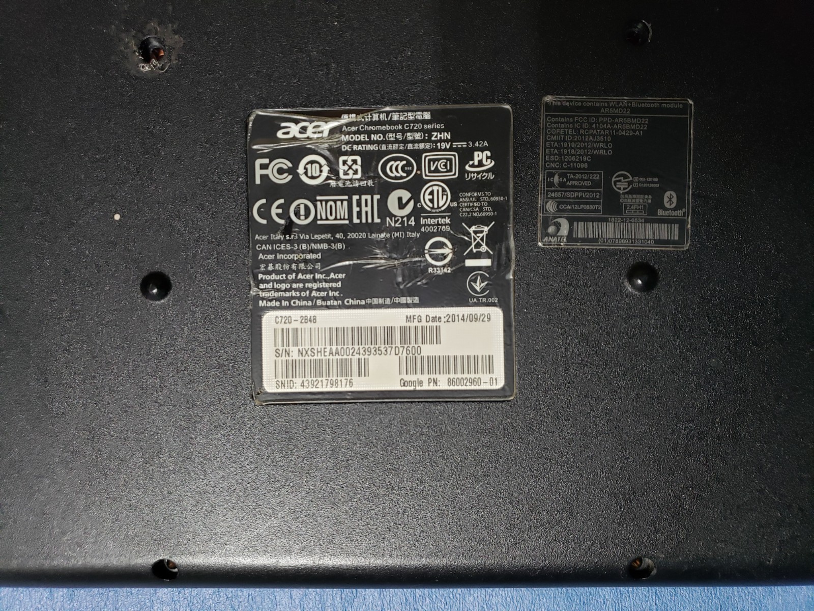 Acer Chromebook C720 Series Model ZHN, HDMI, USB, SD, audio damaged for parts