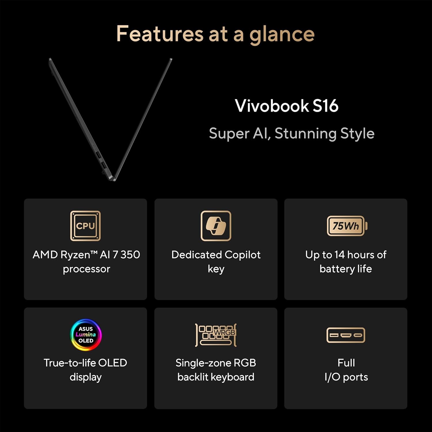 ASUS Vivobook S16 Laptop, Copilot+ PC, AMD Ryzen AI 7 350 with XDNA NPU,…