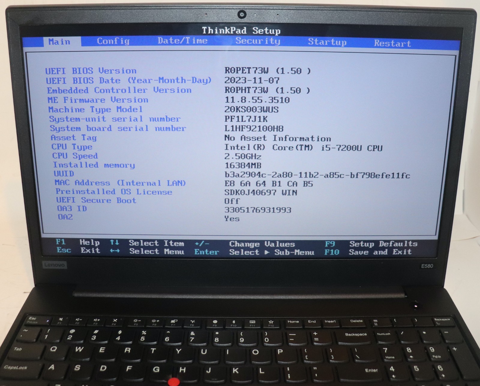 Lenovo ThinkPad E580|Intel Core i5@2.50 GHz|16GB RAM|256GB SSD|Win11|Webcam
