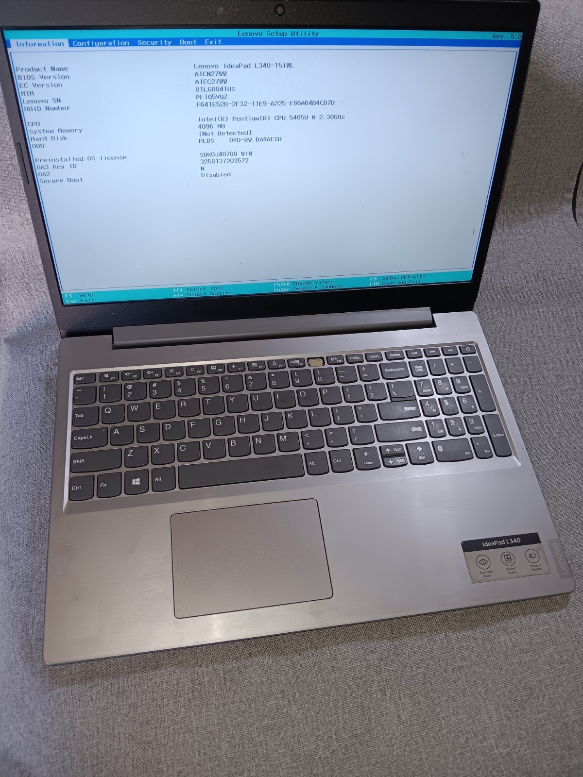 Lenovo Ideapad L340 Laptop Pentium 5405u 4gb Ram Boots Bios