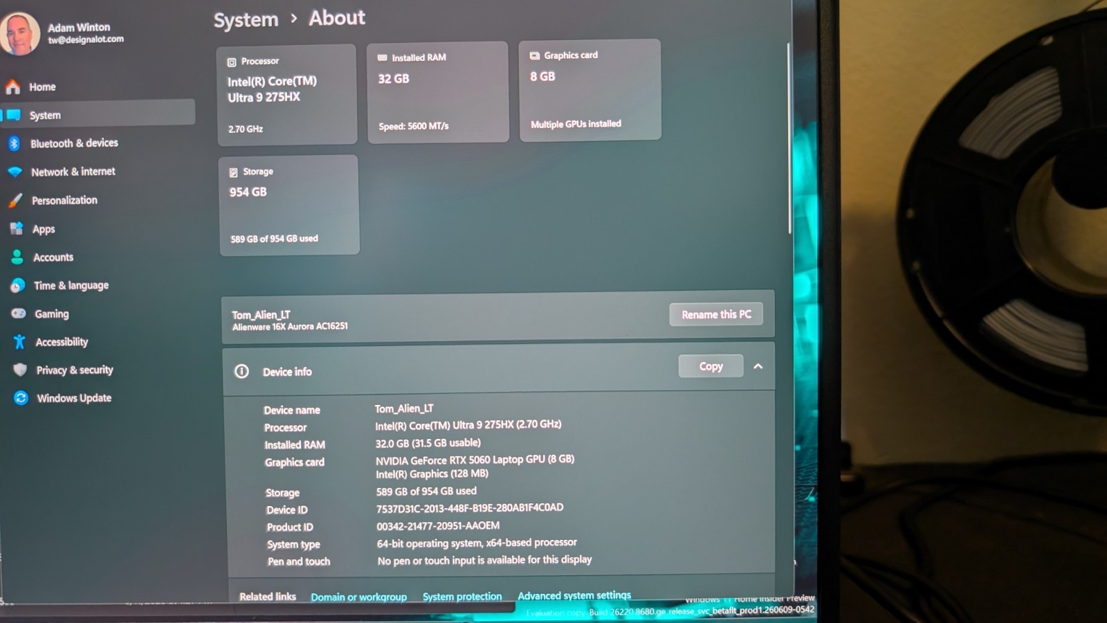 Alienware 16X Aurora AC16251 Ultra 9 275HX 2.7GHz RTX 5060 32GB RAM 1TB SSD 16″