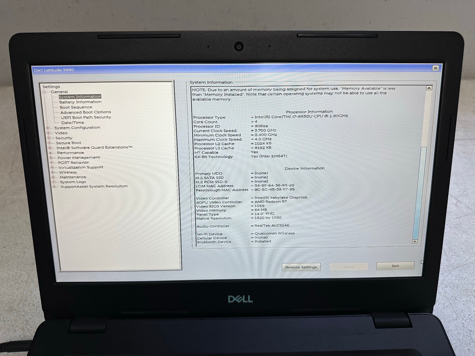 Dell Latitude 3490 14″ FHD (i7-8550U @1.80, 8GB RAM, Boot To Bio) NO HD/ADAPTER