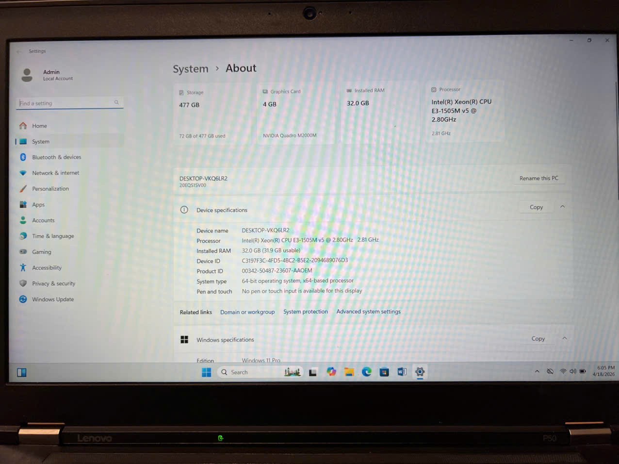 Lenovo ThinkPad P50 E3-1505M v5 2.8GHz 32GB RAM 512GB SSD Quadro M2000M