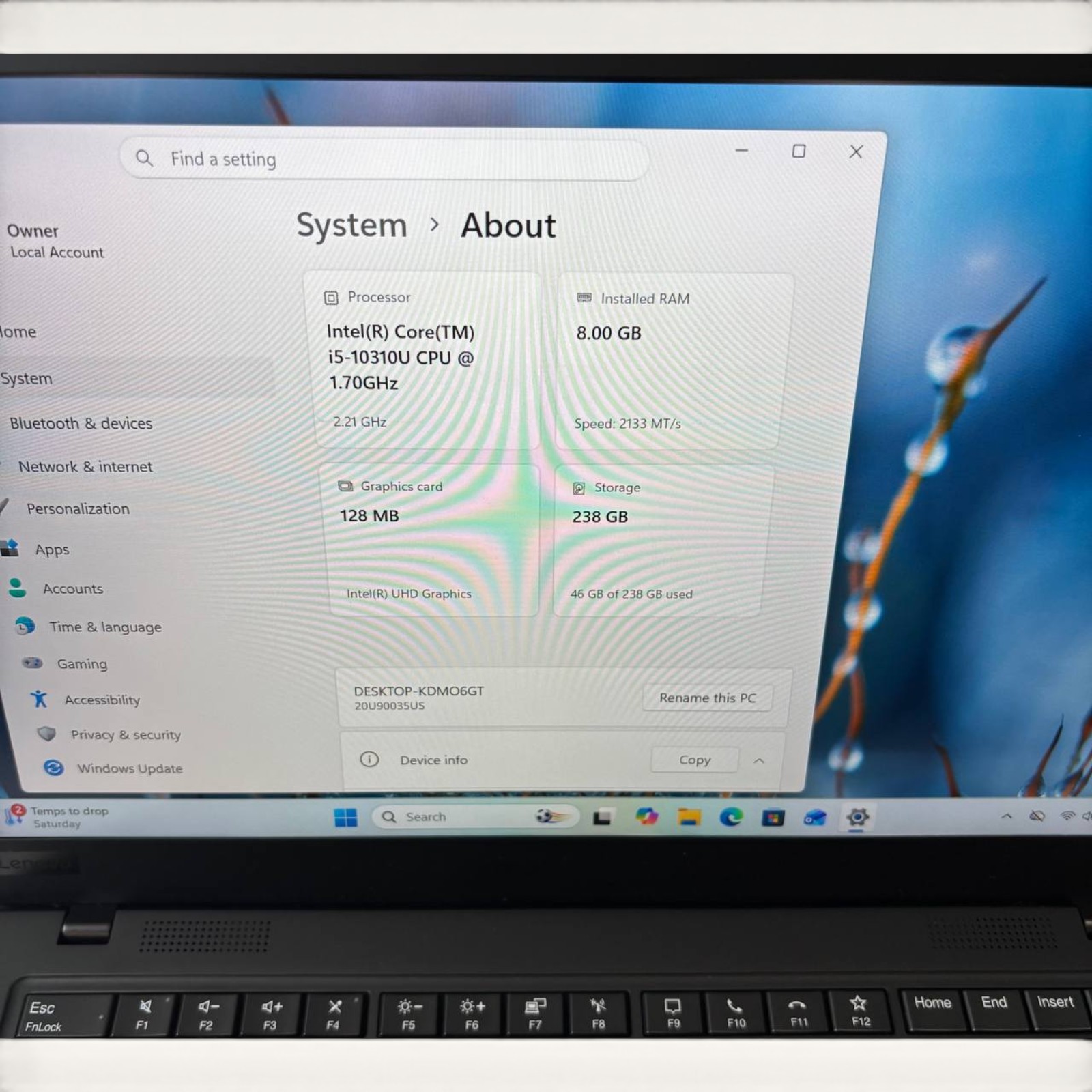 Lenovo ThinkPad X1 Carbon Gen 8 i5-10310U 8GB RAM 256GB SSD Win 11 #112