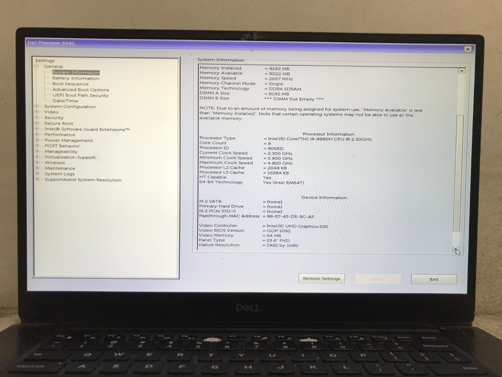 Dell Precision 5540 / Intel Core i9-9880H 2.30GHz / 8GB RAM / No SSD