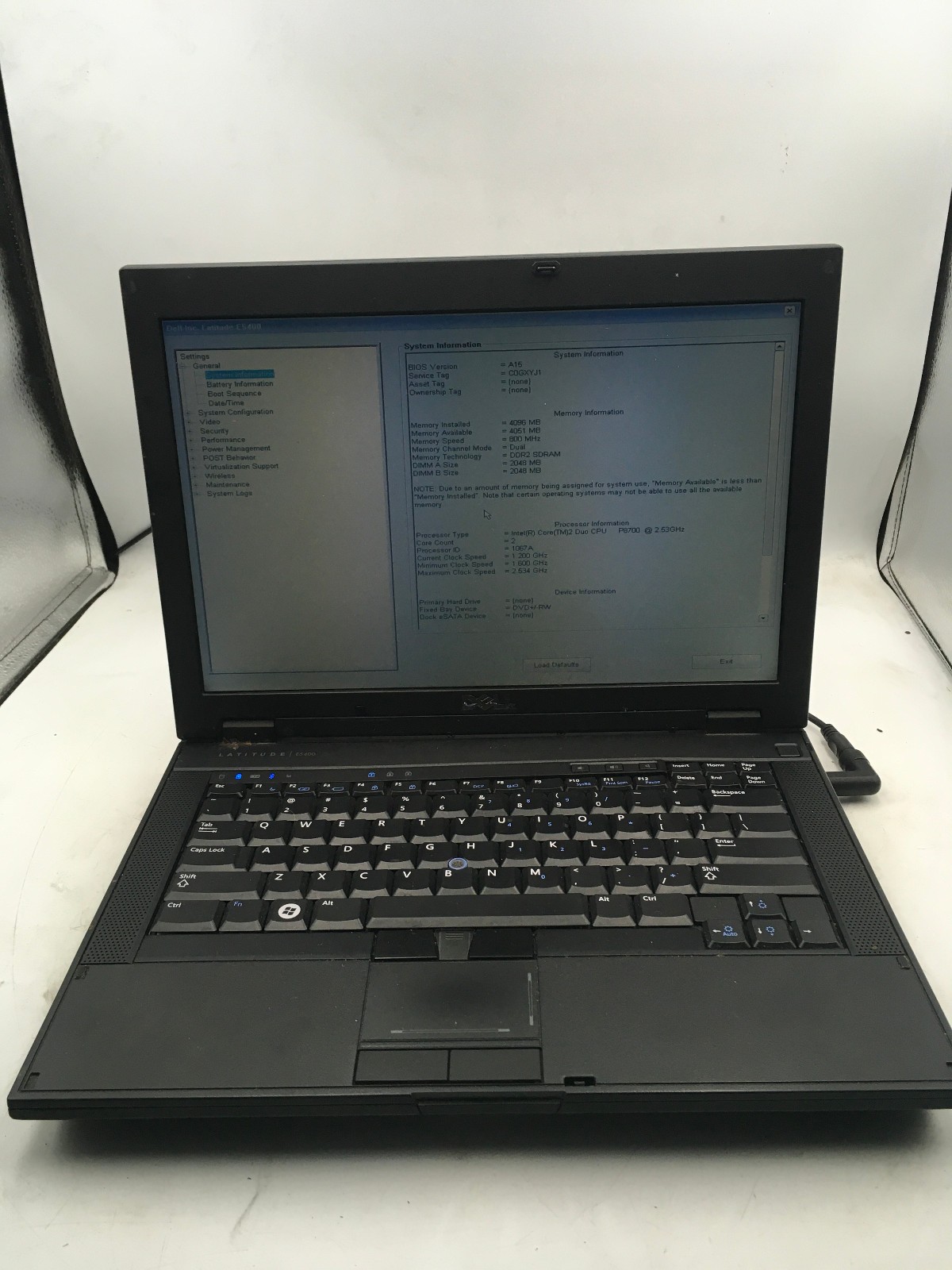 DELL LATITUDE E5400 – BOOTS TO BIOS – INTEL CORE 2 DUO P8700 – 4GB RAM -READ- BB