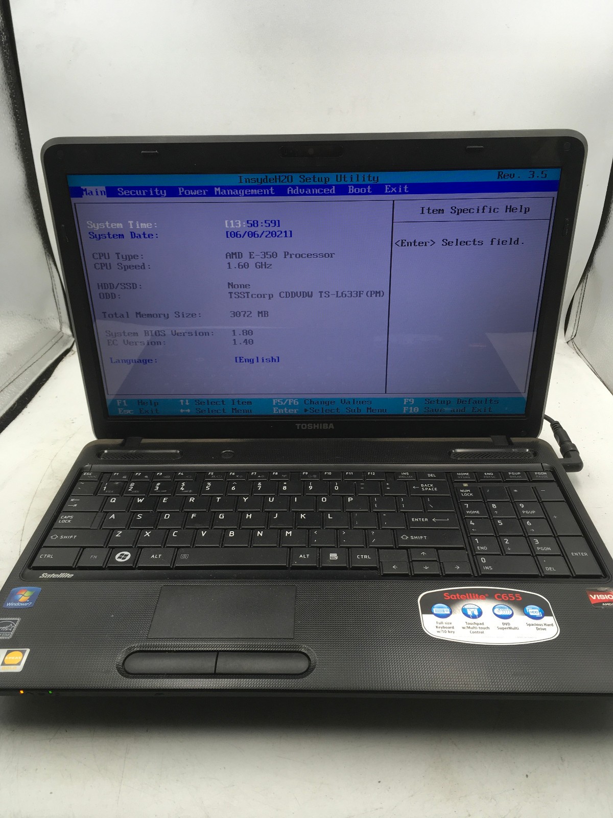 TOSHIBA SATELLITE C655-S5201 – BOOTS TO BIOS – AMD E 350 – 3GB RAM -READ-BB