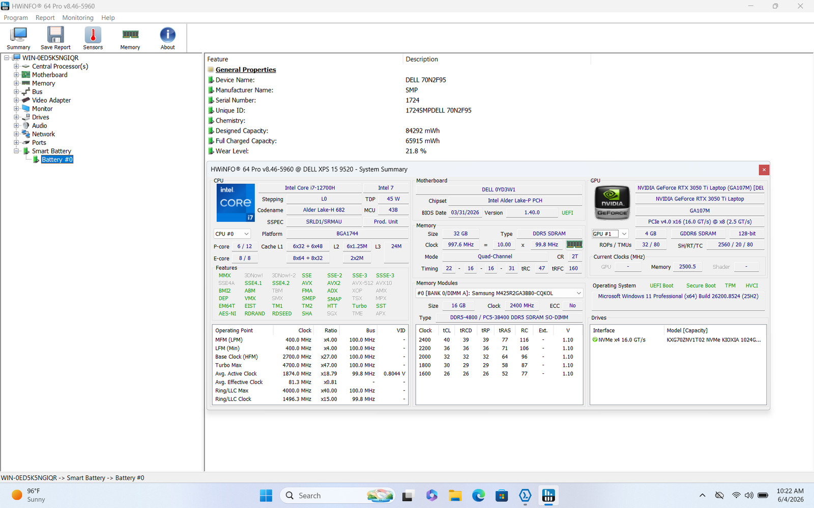 Dell XPS 15 9520 16″ FHD+ I7-12700H 1TB 32GB W11P RTX 3050 Ti Backlit FP Reader