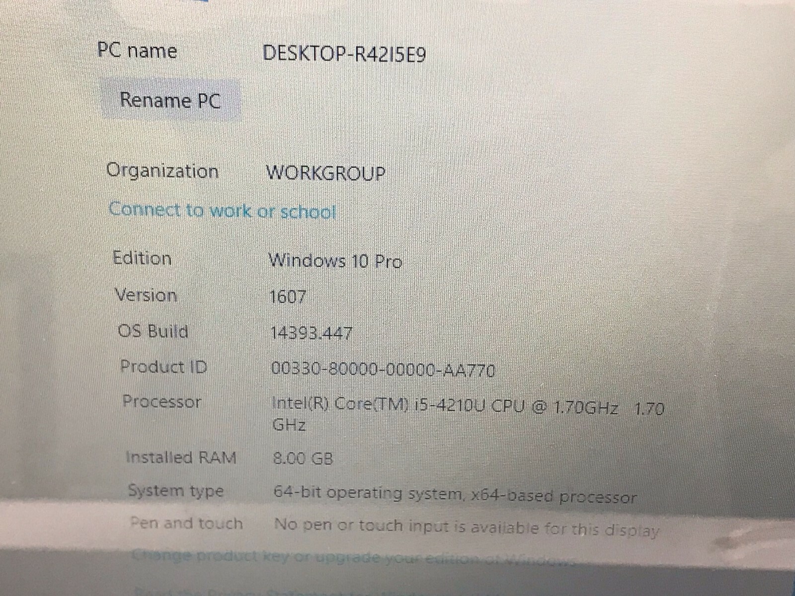 Dell Inspiration 15 Windows 10 Pro Intel(R) Core(TM) i5-4210U CPU @ 1.70GHz 1.70