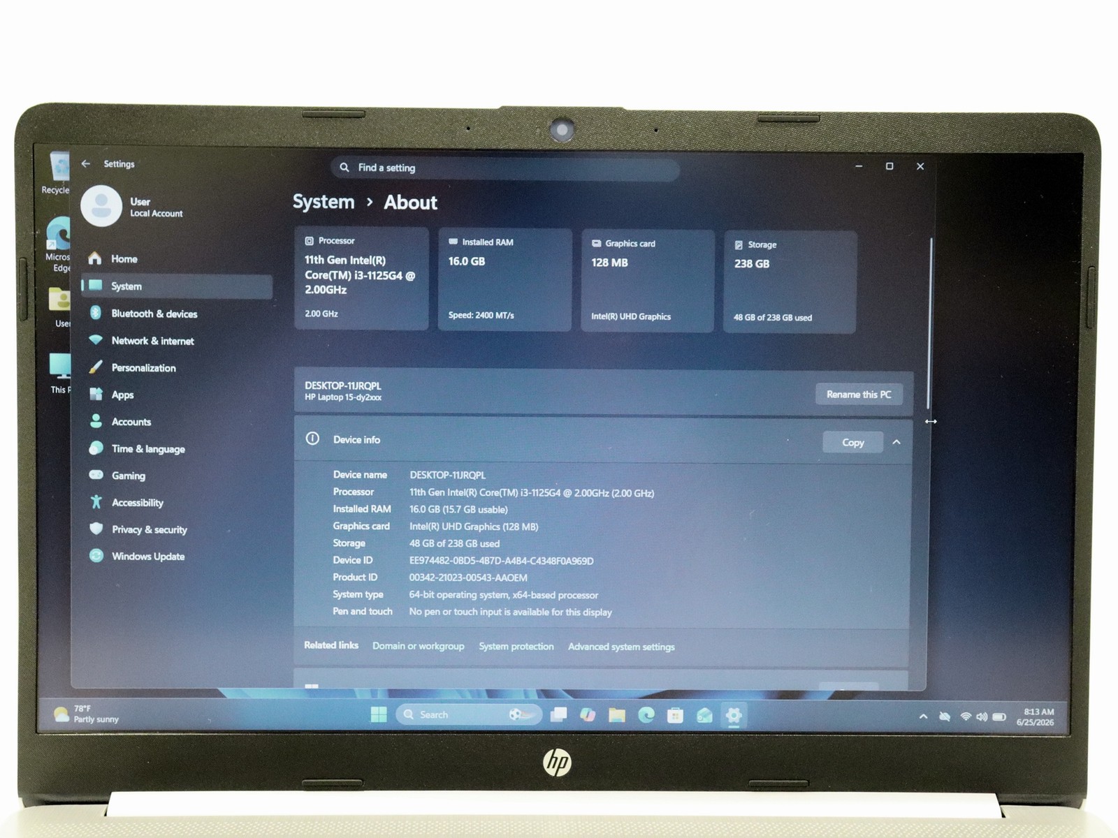 HP Laptop 15-dy2713st 15.6″ Core i3-1125G4 16GB 256GB NVMe Win 11 Home