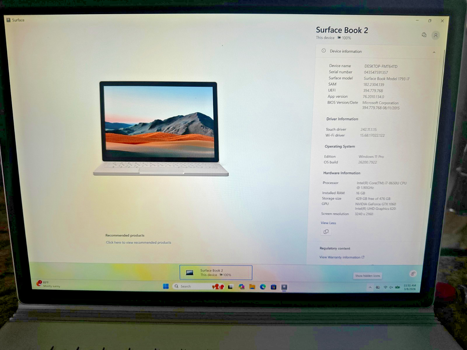 SURFACE BOOK 2 1793 15″ i7-8650U 16GB 512 GB SSD NVIDIA GTX 1060 6GB WIN 11 PRO