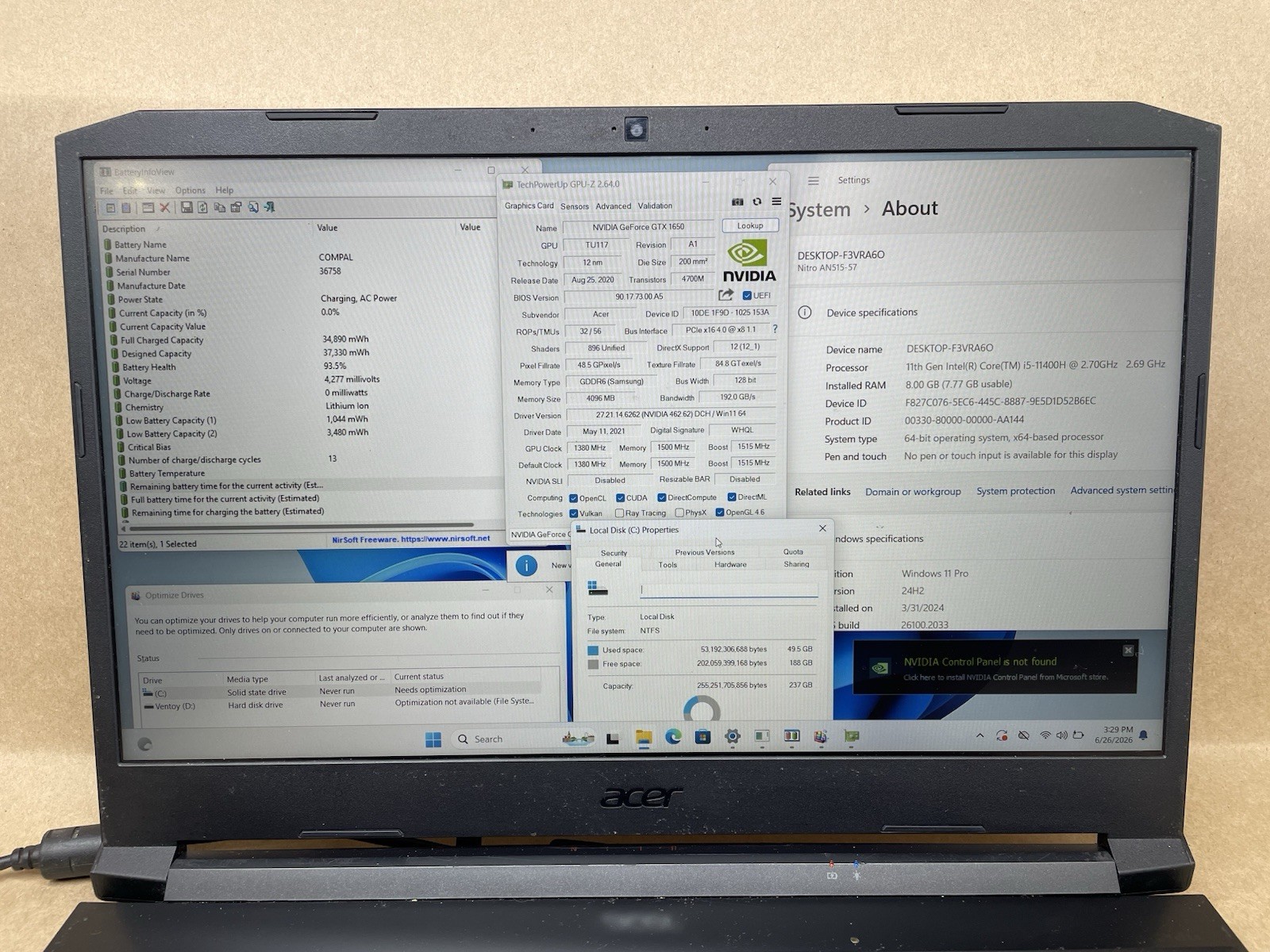 Acer Nitro 5 N20C1 i5-11400H @2.7GHz 8GB RAM 256GB SSD GTX 1650 Win11 *READ*