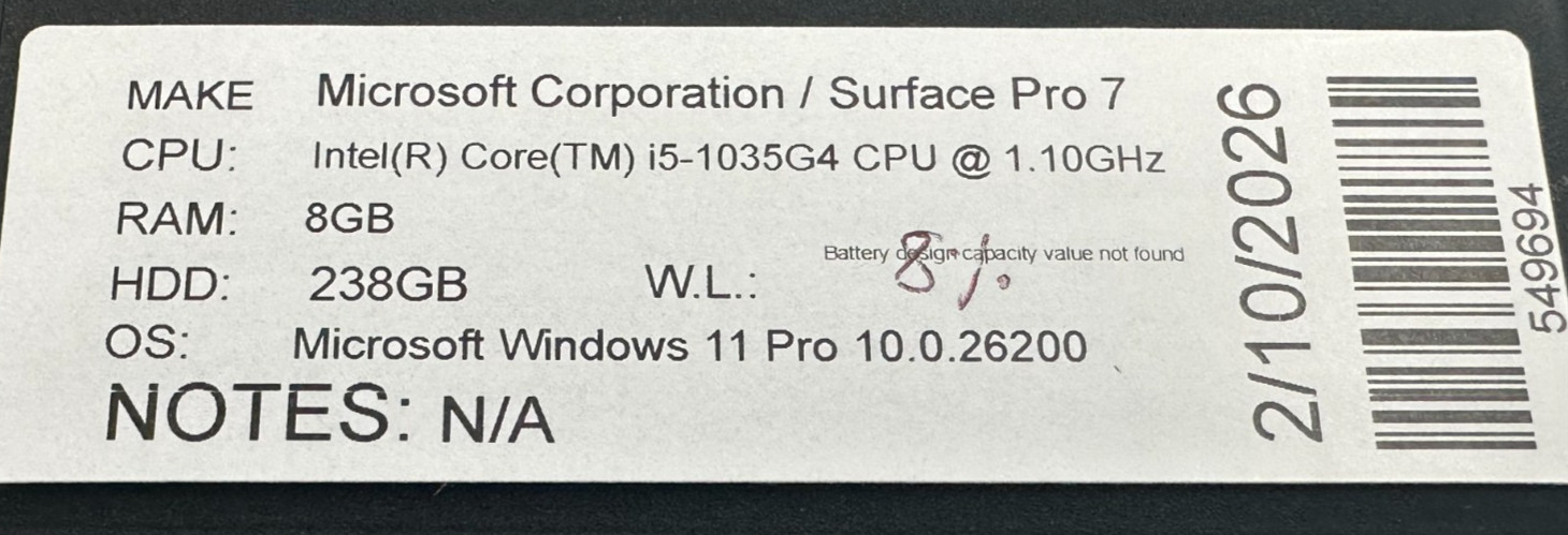 MICROSOFT SURFACE PRO 7 LAPTOP CORE i5-1030g4 @ 1.10Ghz 8GB RAM 238GB SSD (lp659