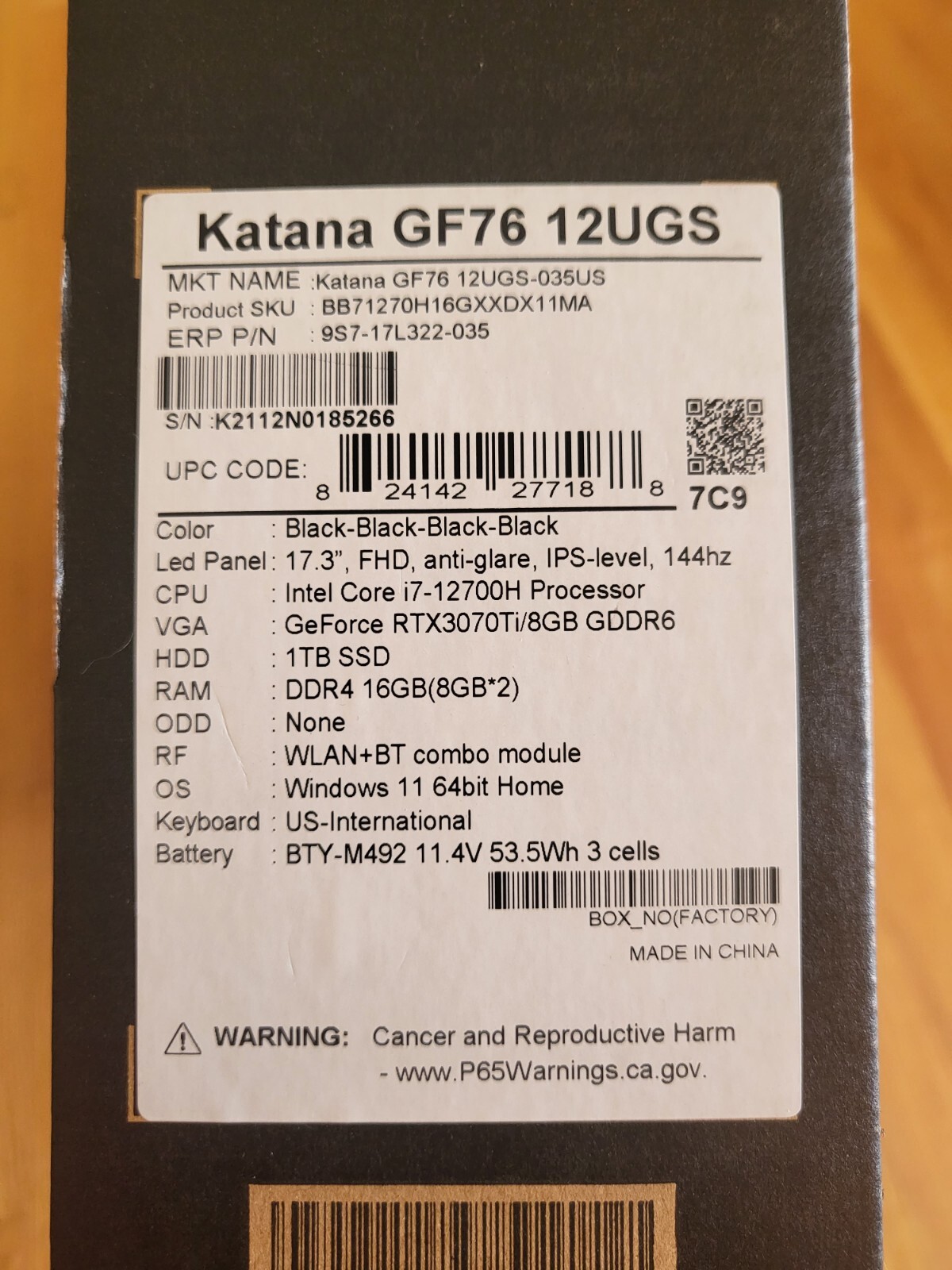 MSI Katana GF76 12UGS 17.3″/ i7-12700H/ RTX3070-Ti / 1TB SSD / 16GB DDR4