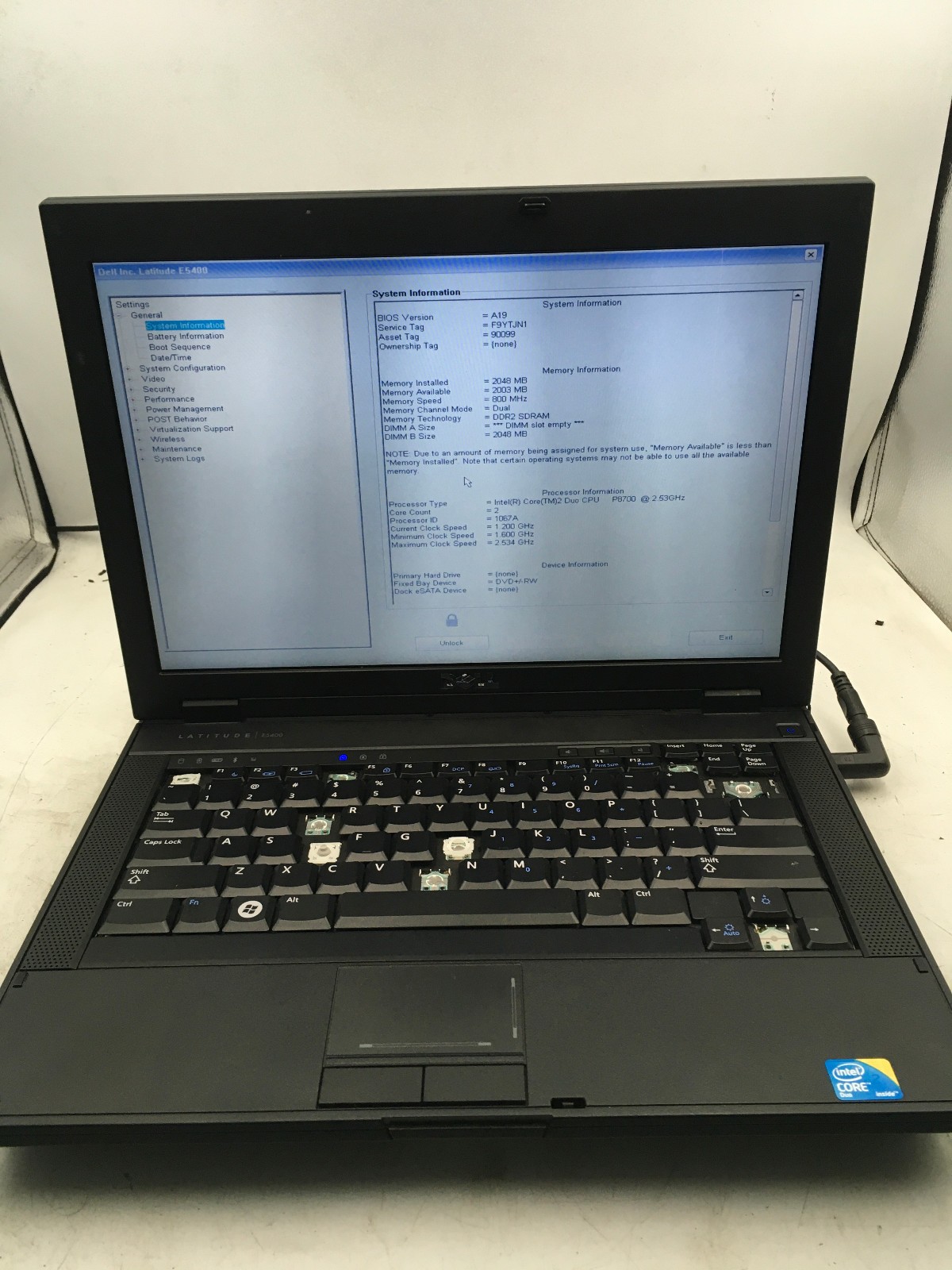 DELL LATITUDE E5400 – BOOTS TO BIOS/LOCKED – INTEL CORE 2 DUO P8700 – NO RAM -BB