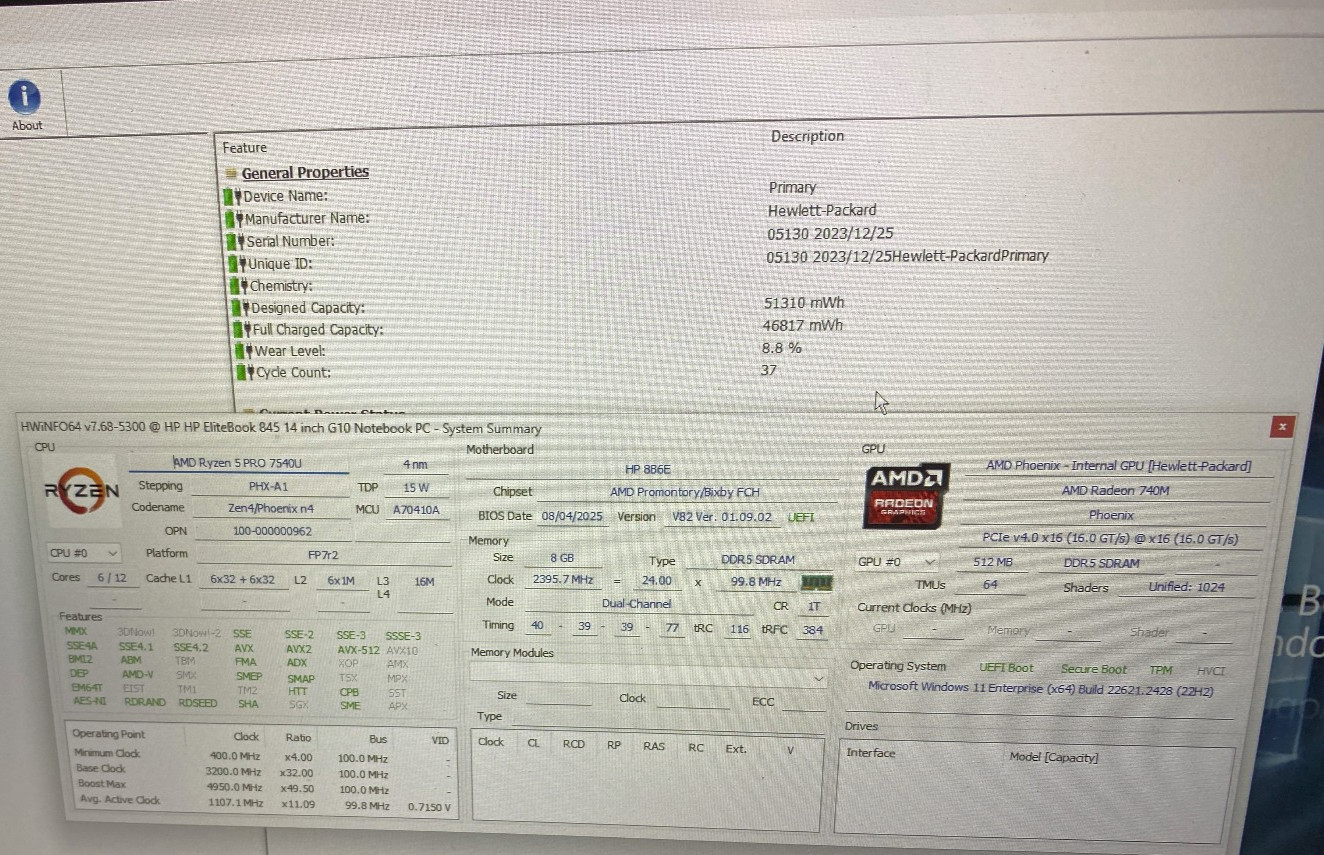 HP EliteBook 845 G10 14″ Ryzen 5 PRO 7540U 8GB DDR5 RAM Radeon 740M NO SSD/OS