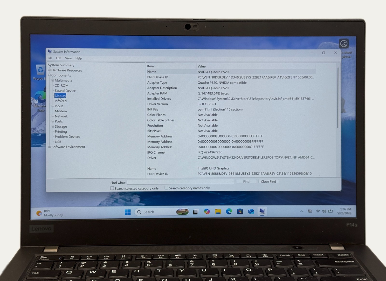 Lenovo Thinkpad P14s Gen 1 i5-10310U 1.7GHz 16GB RAM 128GB SSD BH: 88%
