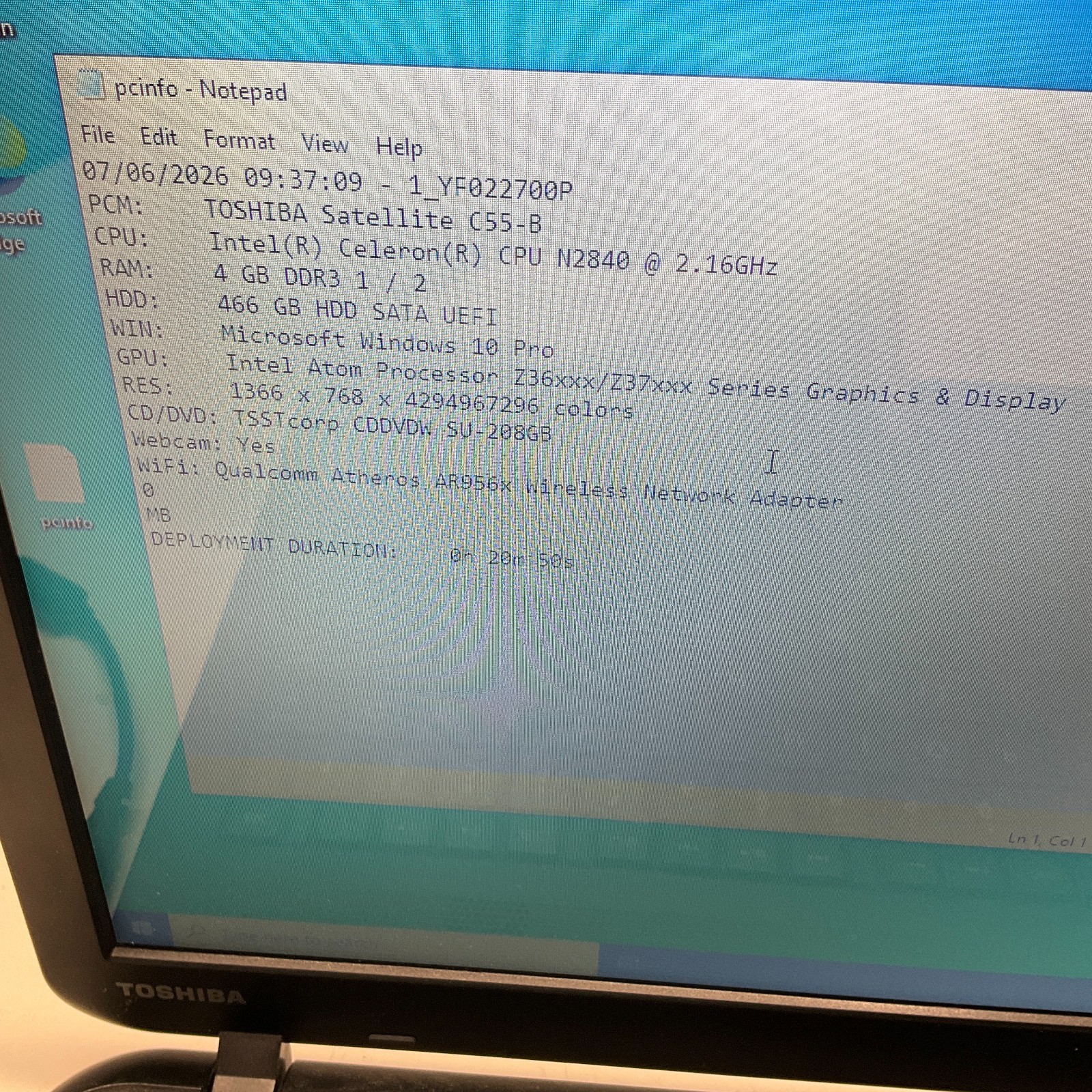 Toshiba Satellite C55-B Laptop Intel Celeron N2840 @ 2.16 GHz 4GB 500GB HDD