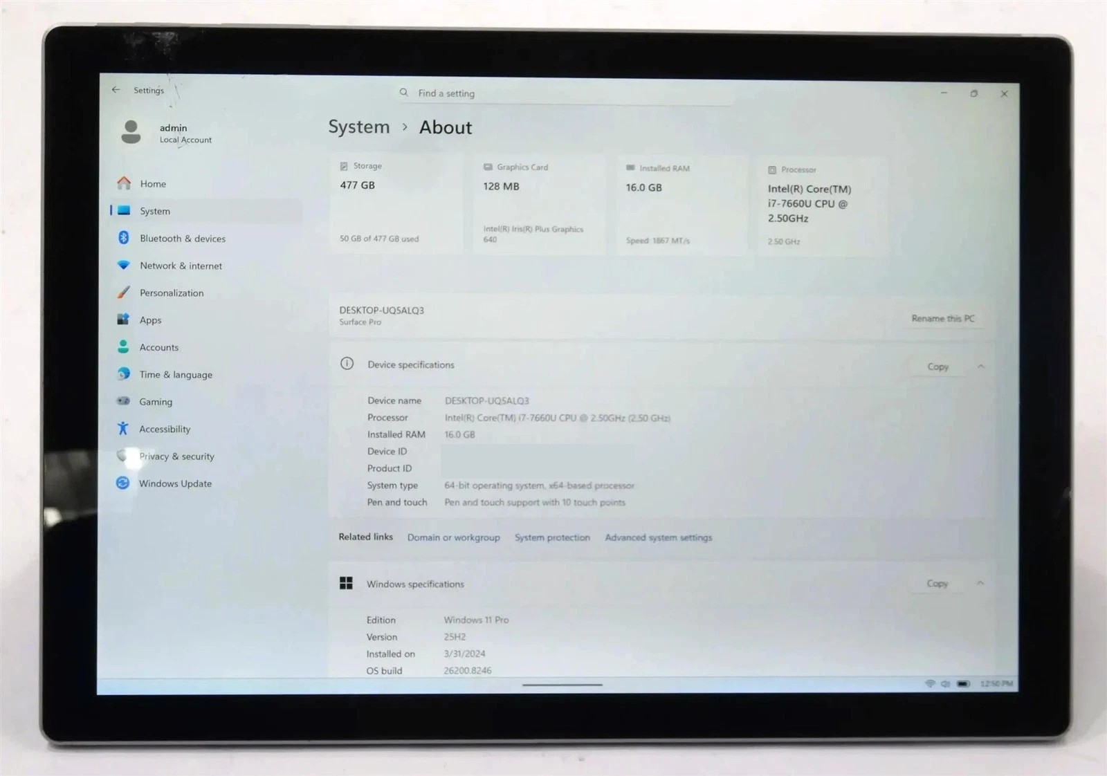 Microsoft Surface Pro 5 1796 Core i7-7660U 2.50GHz 16GB 512GB Cracked-FOR PARTS