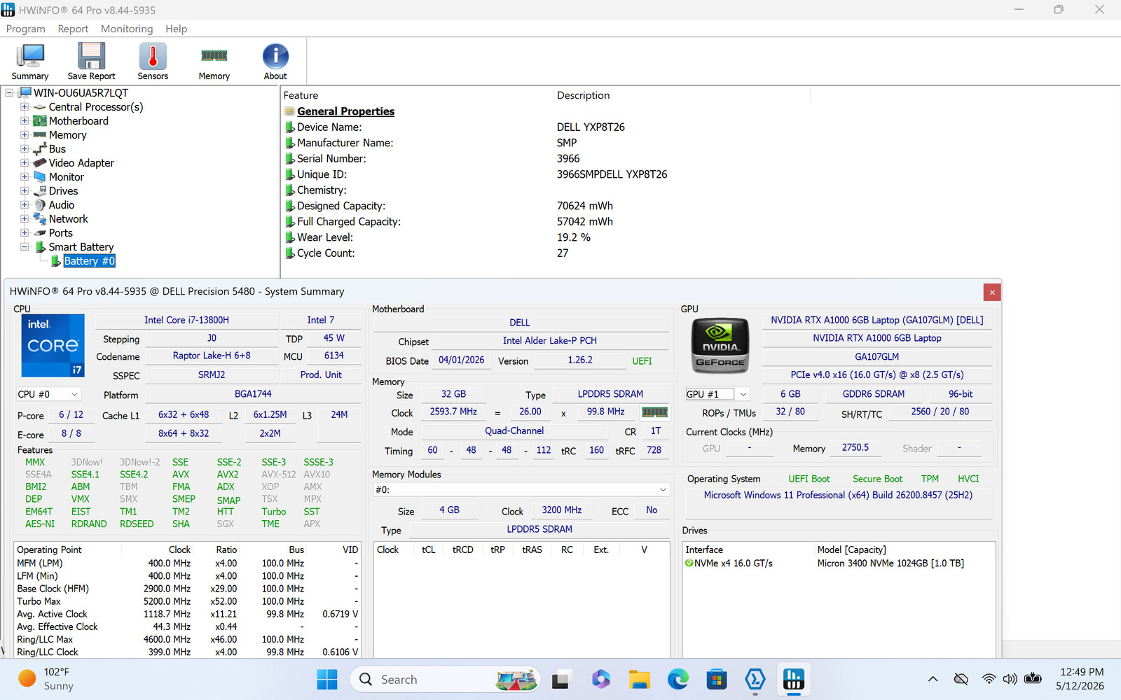 Dell Precision 5480 14″ 2560 x 1600 Touch I7-13800H 1TB SSD 32GB W11P RTX A1000
