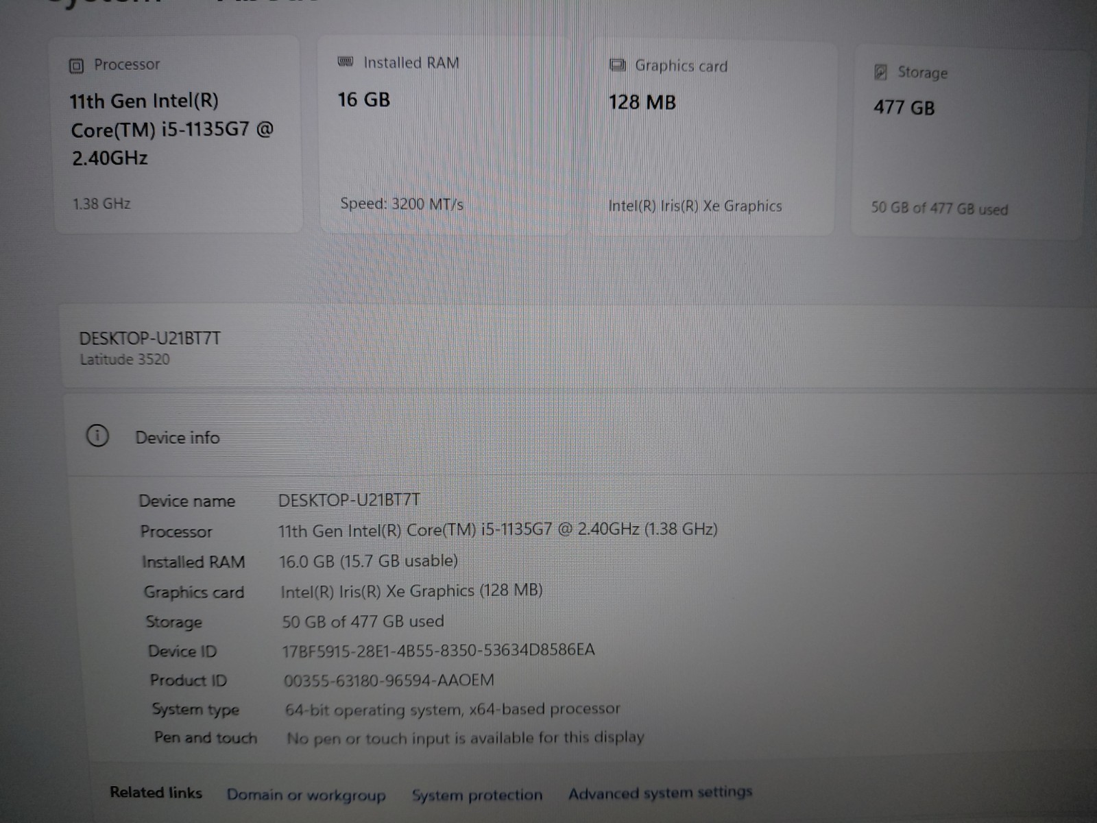 Dell Latitude 3520 Intel Core i5-1135G7 2.4ghz 16GB RAM 512GB NVMe Win 11 Pro
