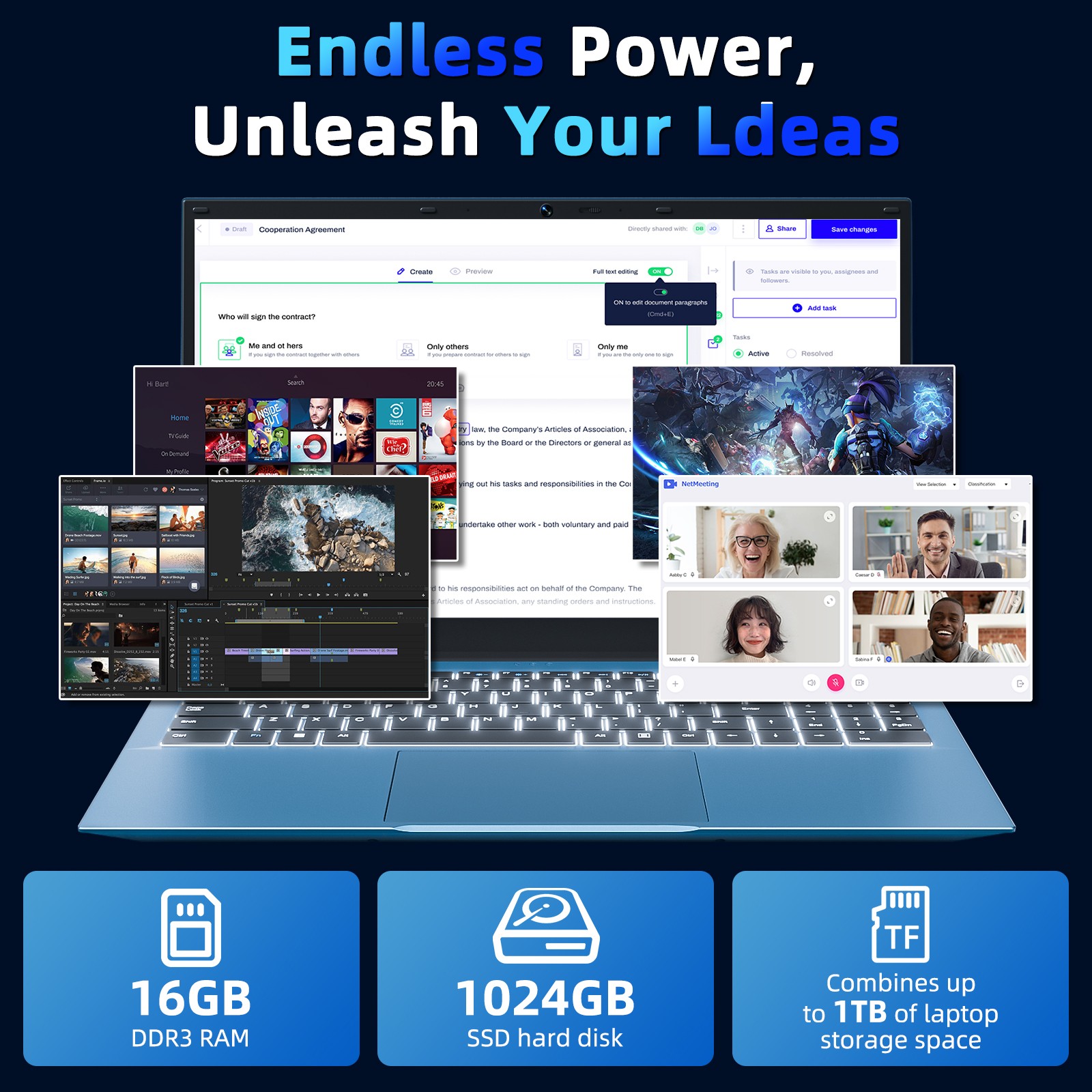 SGIN 15.6″ FHD Laptop, Intel i3-10100Y, 16GB RAM, 1TB SSD, 3.90 Ghz，Win 11, WiFi