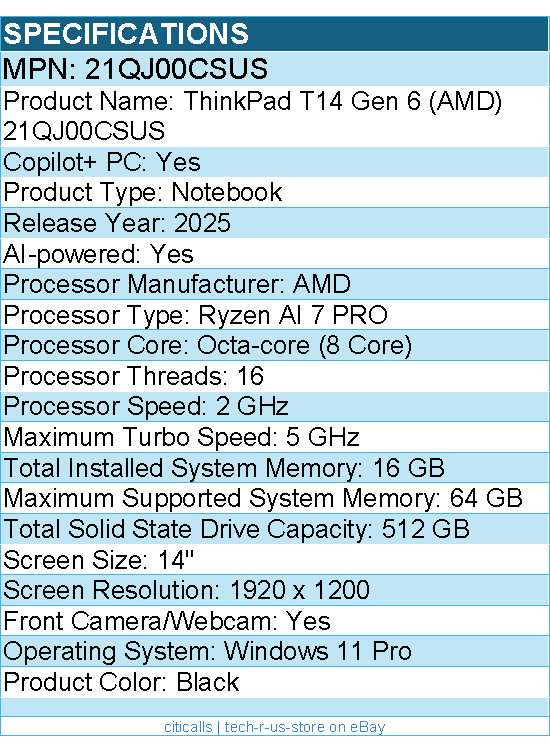 Lenovo 21QJ00CSUS ThinkPad T14 Gen 6 – 14″ Copilot+ PC Notebook – Black