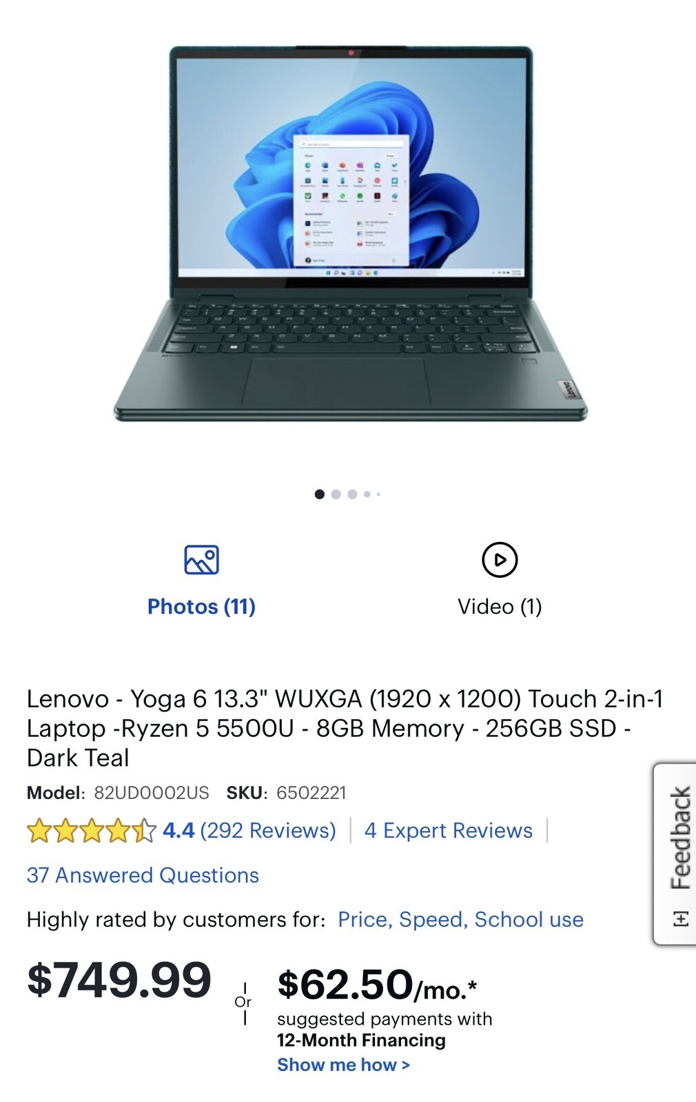 Lenovo Yoga 6 13ALC7 13.3″ (256GB SSD, AMD Ryzen 5 5000 Series, 4.0 GHz, 8GB)…