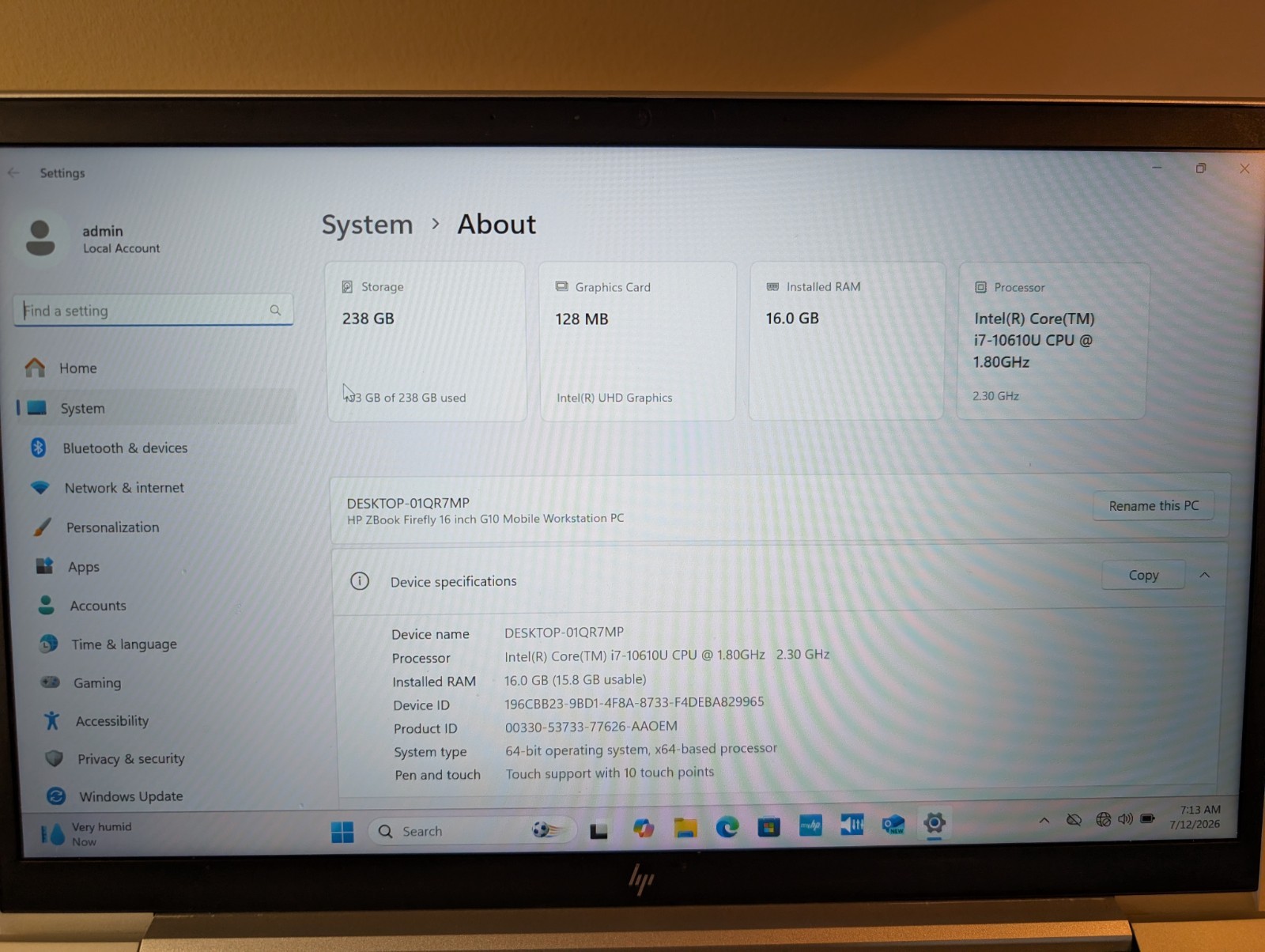 HP Elitebook 840 G7 i7 Intel 16GB 256GB SSD Touchscreen Excellent Condition