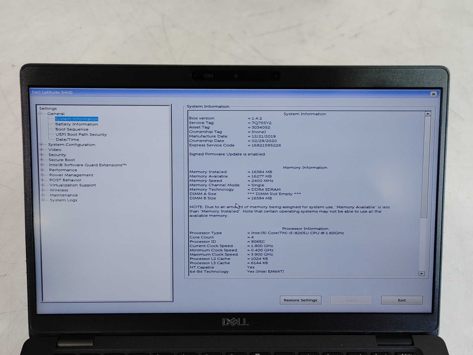 Dell Latitude 5400 Core i5-8265U 1.60 GHz 16 GB DDR4 No HDD