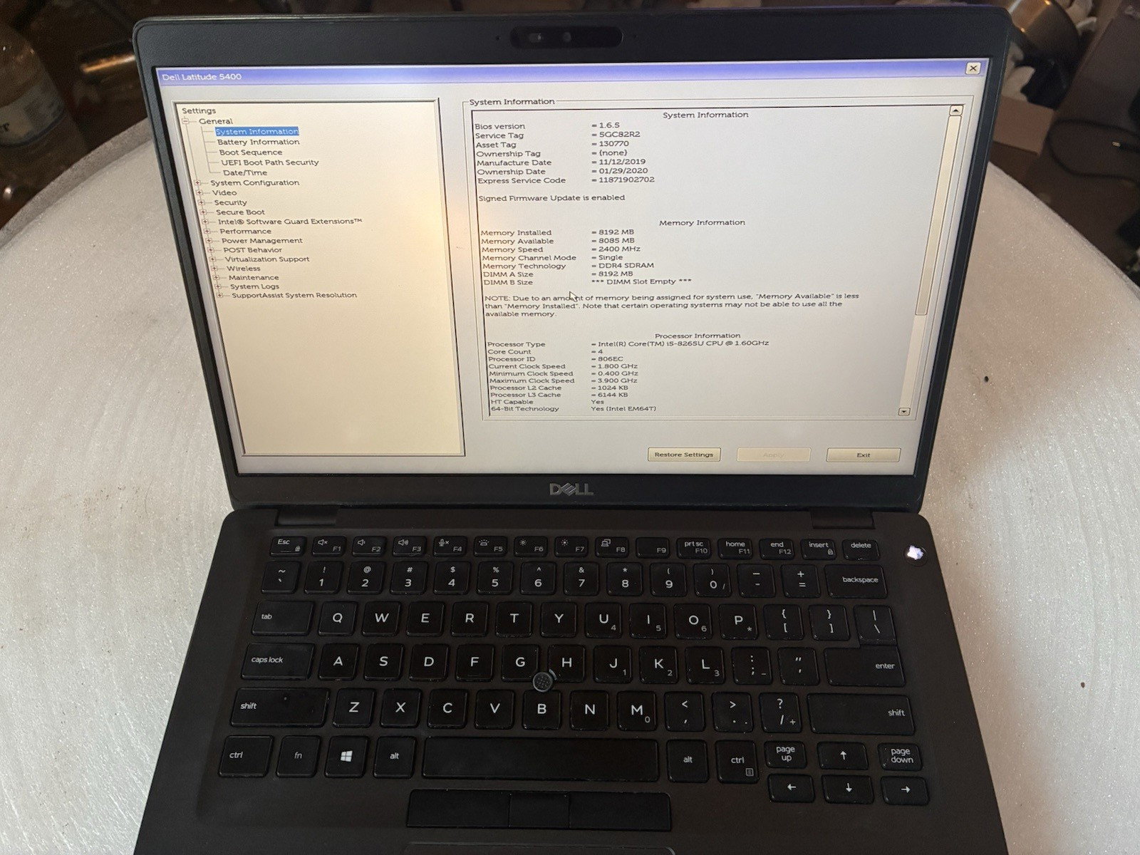 Dell Latitude 5400 i5-8250U 1.60 GHz NO RAM No SSD No Adapter