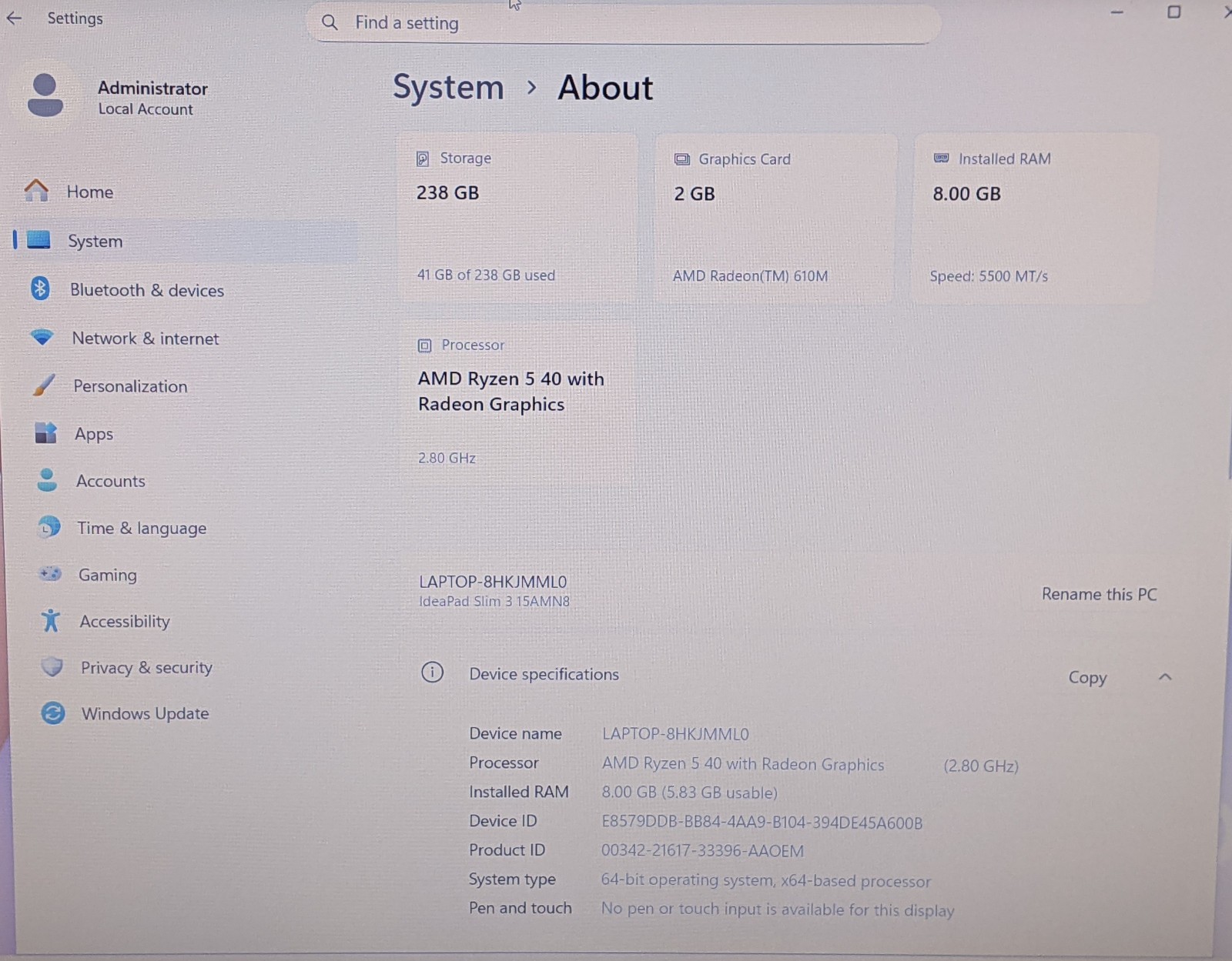 Lenovo IdeaPad Slim 3 15AMN8 15.6″ FHD Ryzen 5 40 8GB 256GB SSD W11H Radeon 610M