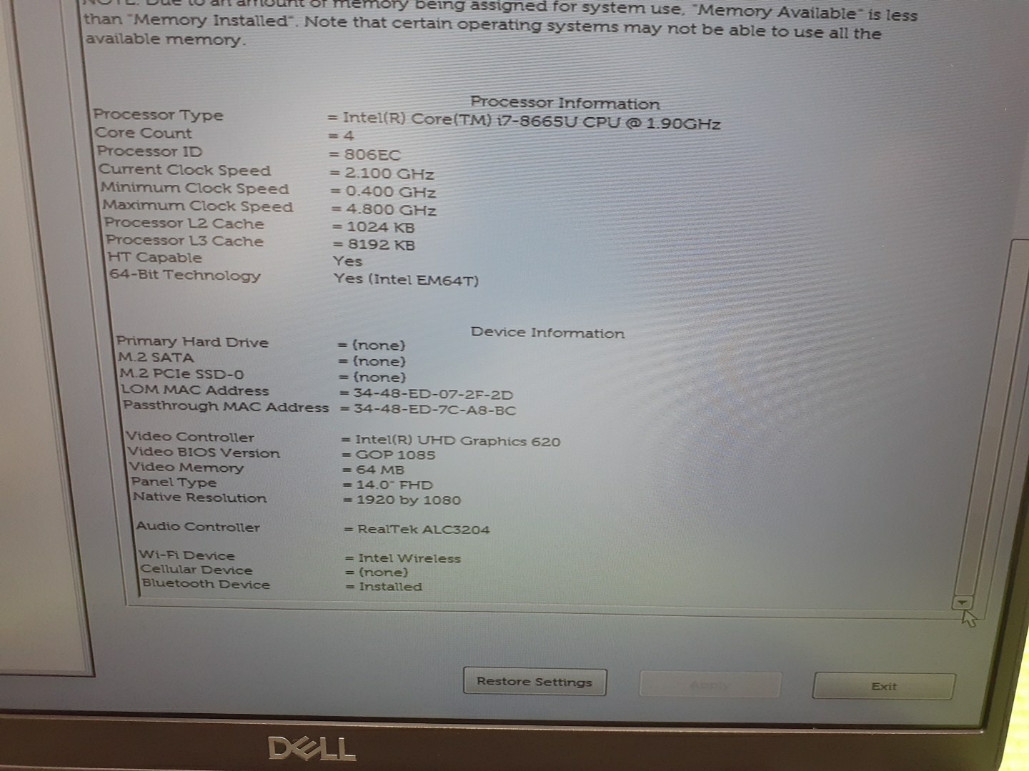 Dell Latitude *TOUCH* 5400 Core i7-8665U NO ssd+ 8gb No Os Excellent Batt+Ac ad