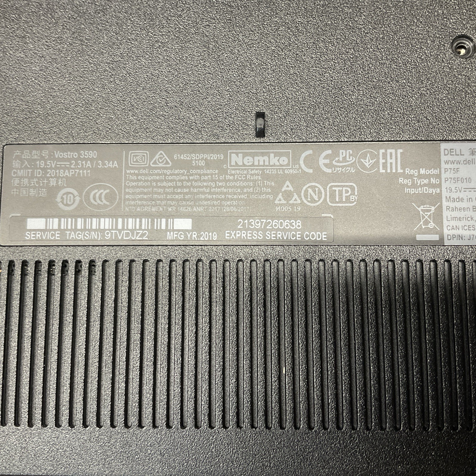 Dell Vostro 3590 / i5 10th Gen / BIOS Unlocked / No RAM / No SSD / P20