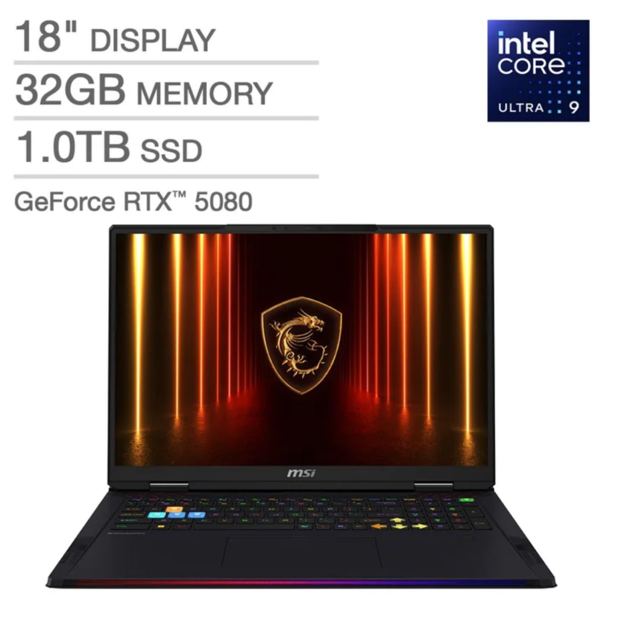 MSI Raider 18 HX AI Intel Core Ultra 9-285HX NVIDIA RTX 5080 32GB RAM 1TB SSD
